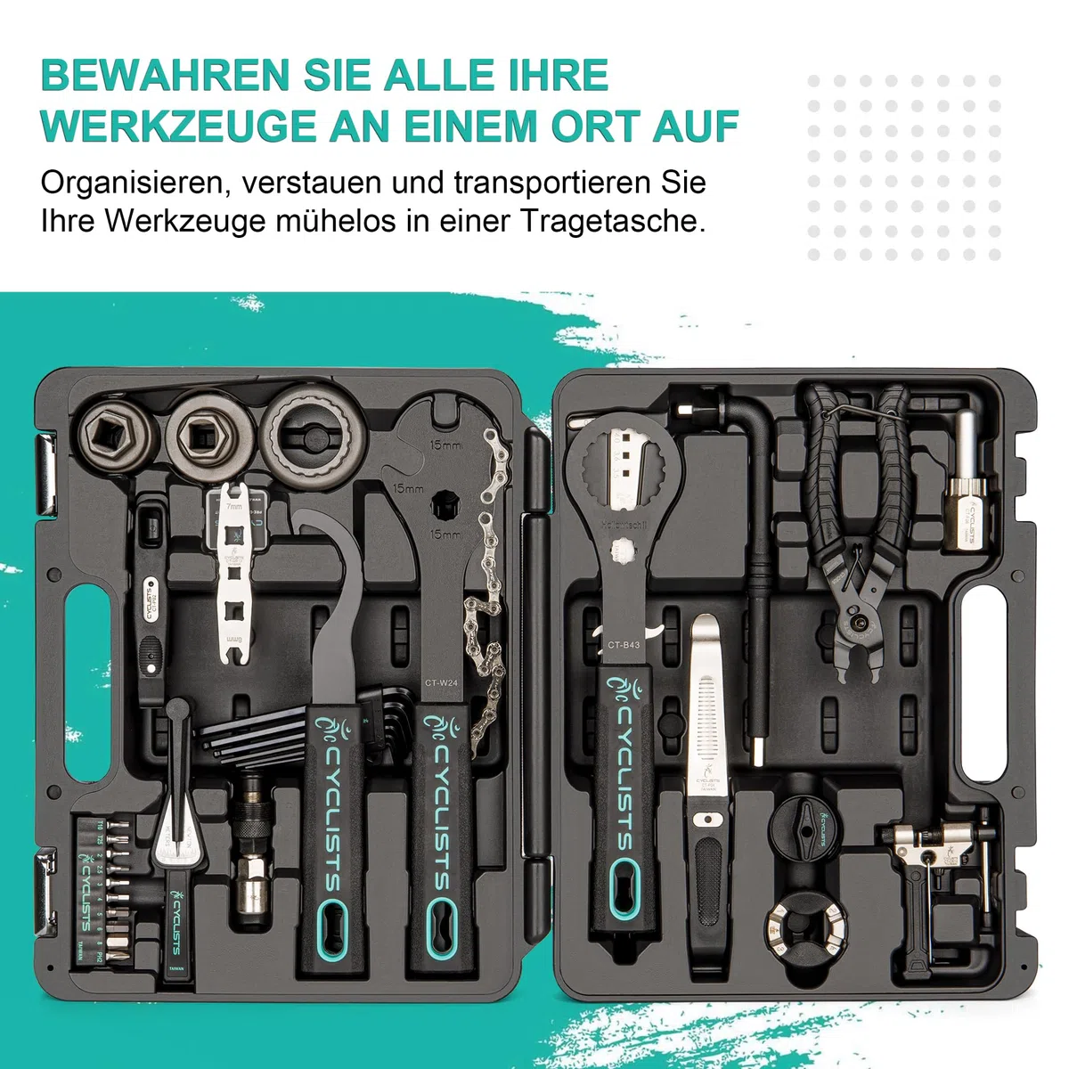 cyclists Professionelles Werkzeugset für E-Bikes – 33-teiliger Fahrrad-Reparatur-Werkzeugsatz für Rennräder und Mountainbikes, zur Reparatur von Reifen, Bremsen, Ketten, Pedalen und Kurbelabzieher