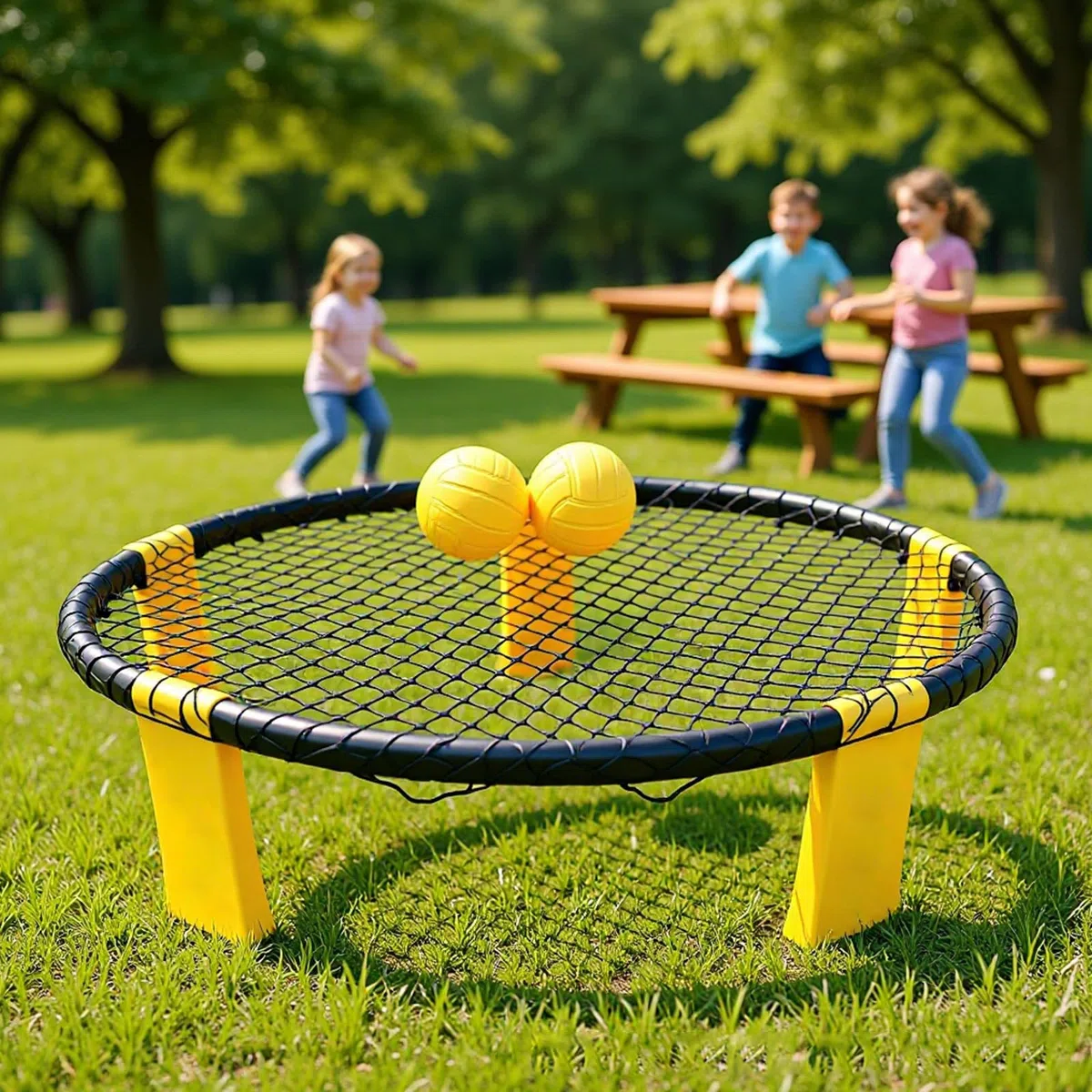 Profi Roundnet Set für Draußen Stabiles Outdoor Spieleset für Garten und Strand Tragbares Ballspiel für Erwachsene und Kinder inklusive Netz 2 Bälle Pumpe und Tasche Gelb