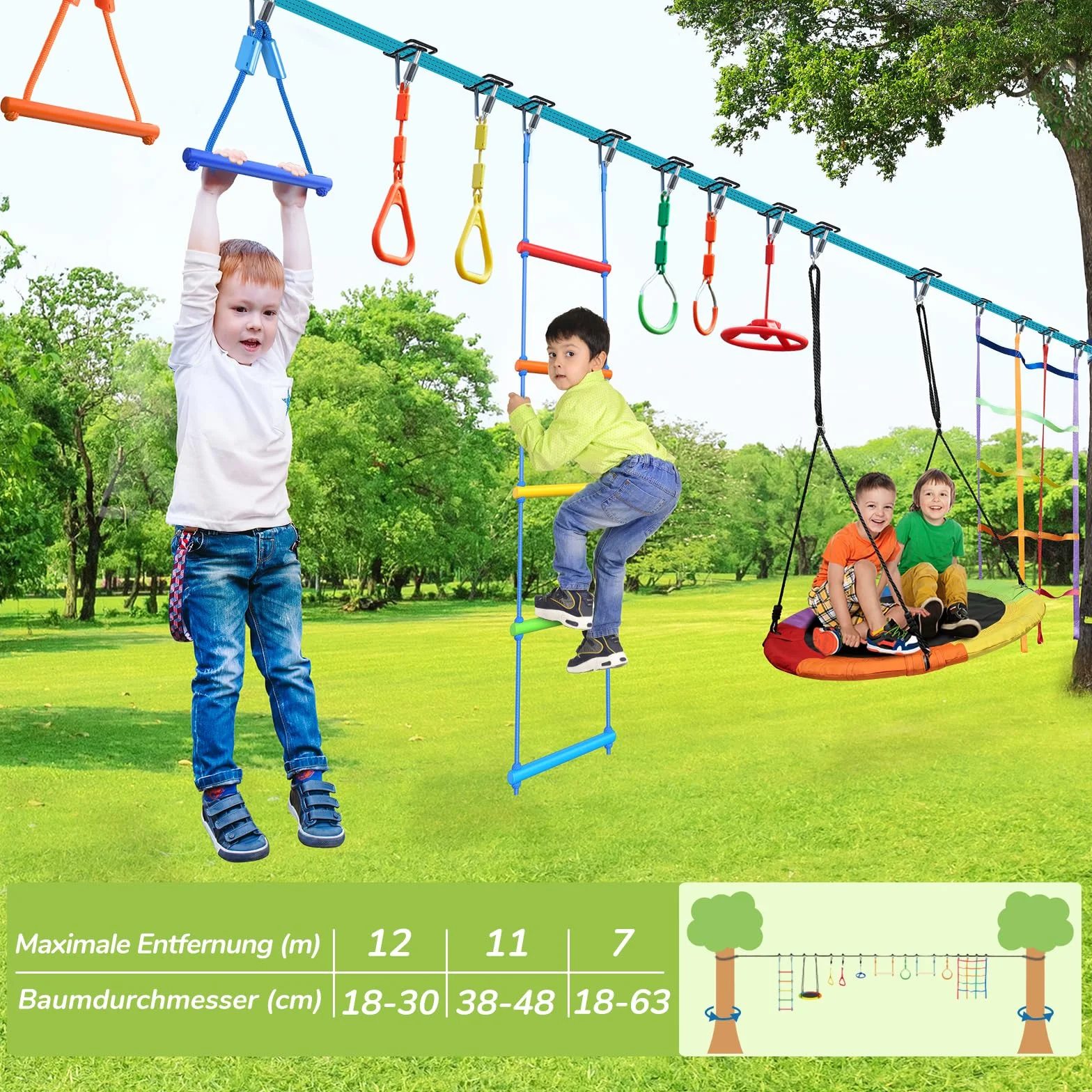 Hapfan 15M Ninja Slackline Kinder Nestschaukel Outdoor Set mit Seilrolle, Ninja Warrior Parcours Kinder mit 10 Hindernissen, Klettergerüst, Kletternetz, Kletterleiter Gym Ring Baumschutz (Bunt)