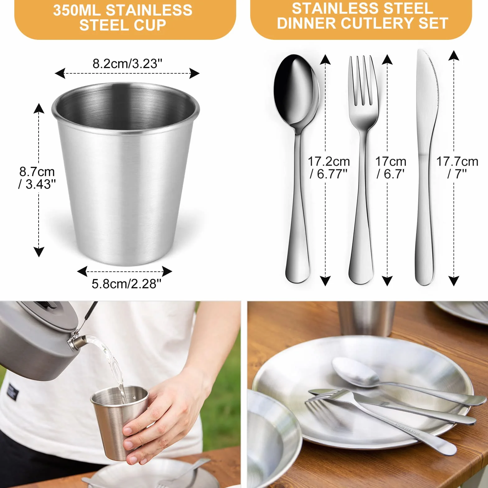 Odoland Campingbesteck Set Geschirrset 13 PCS aus Edelstahl Tafelservice mit Etui Messer Gabel Löffel Teller Kaffeebecher ideal für 2 Personen Outdoor Reisen Wandern Camping