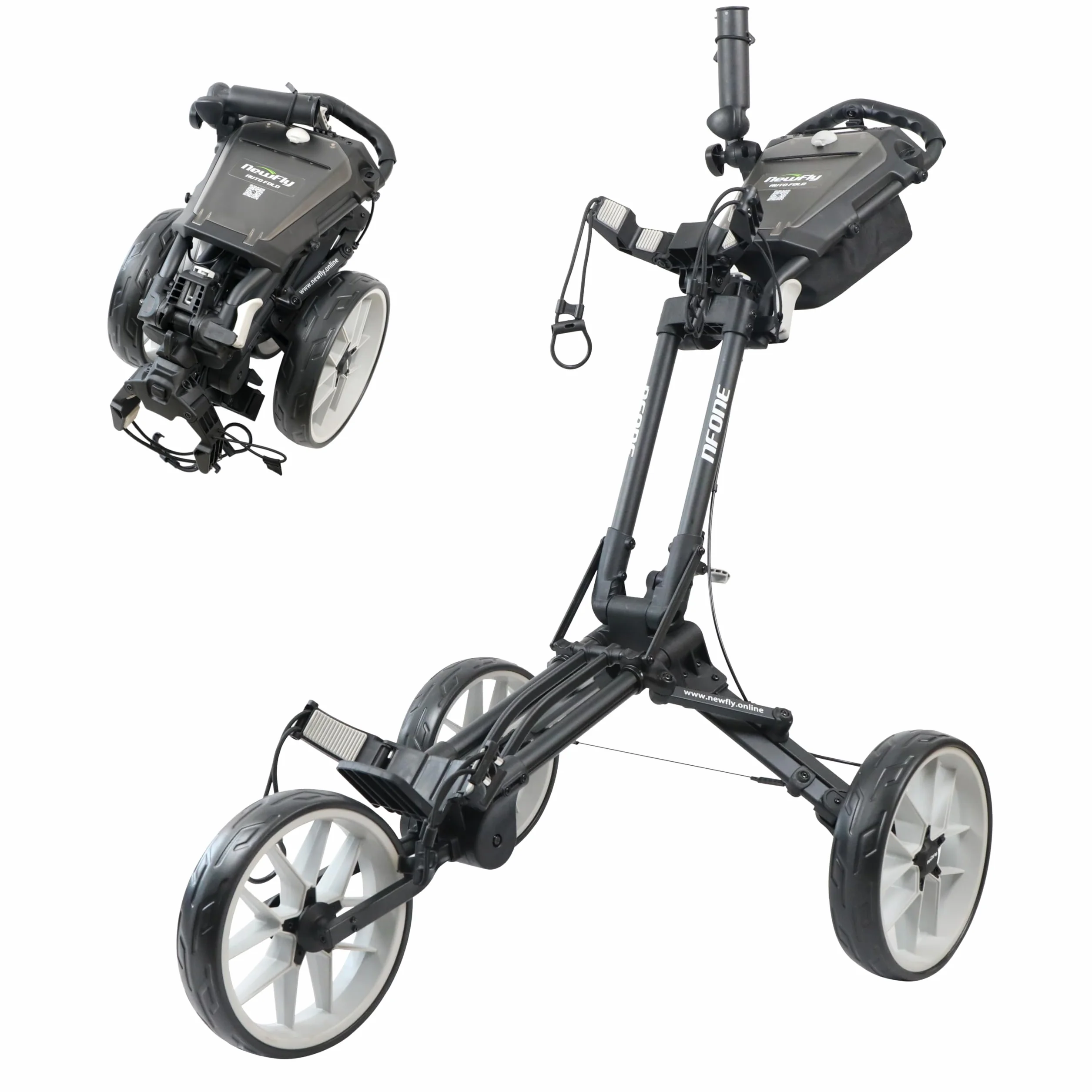 Newfly DREI Rad Golf Tasche Handcart, kompakt, vollautomatisch faltbar, Ultra leicht, minimale Faltbare Größe, Scorecard, Regenschirm Stand