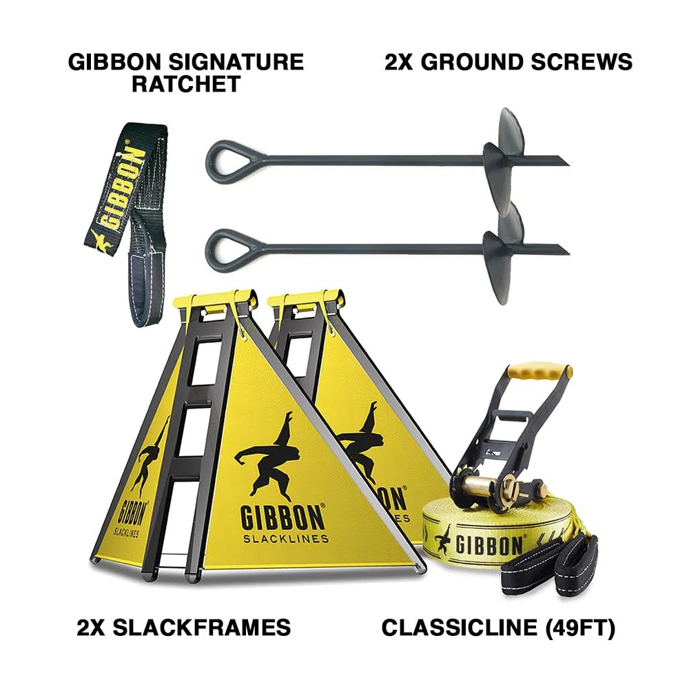 Gibbon Slacklines IndependenceKit Classic für Slacklinen ohne Bäume - Witterungsbeständig, Balance und Spaß mit Trampolin-Effekt, inkl. Slackframes, Bodenschrauben und Anleitungen
