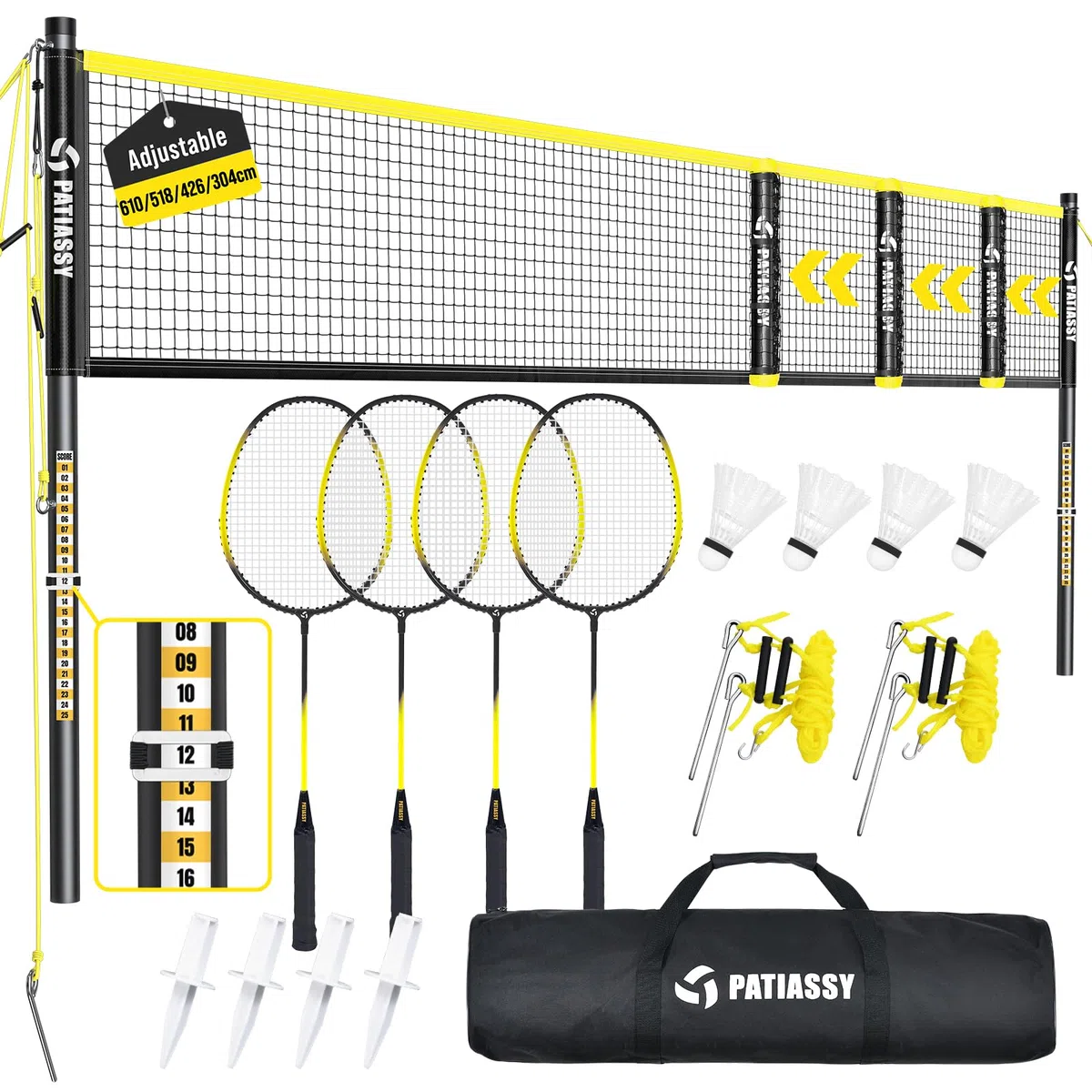 Tragbares Badmintonnetz, Federballnetz für Garten 4-Fach-Breitenverstellbar Sportnetz 6|5,1|4,2| 3 M mit 4 Badmintonschlägern 3 Federball Ständer und Tragetasche für Indoor & Outdoor Hinterhöfe Strand