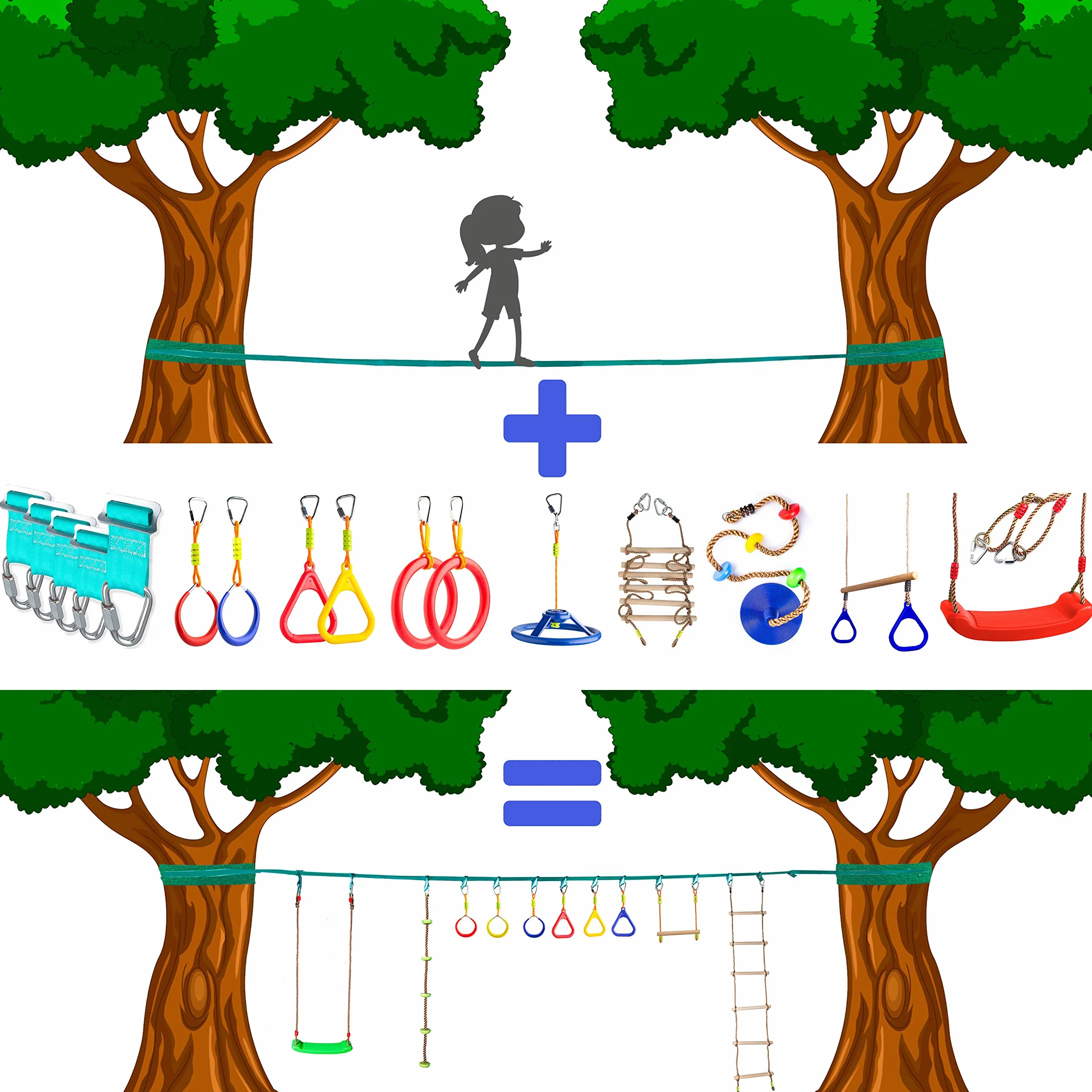 Slackline für Gleichgewichtstraining 50 'mit Hochleistungs-Industrieratsche, Baumschutzband und Tragetasche - Slack Lines für den Garten - Ninja Slackline Support -Geschenkset für Kinder (Türkis)