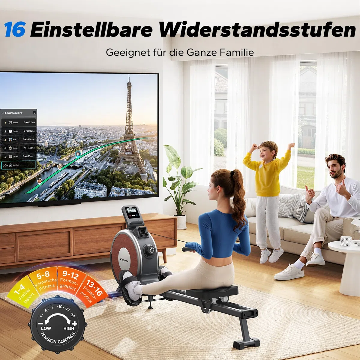 MERACH Rudergerät für Zuhause, 16 Widerstandsstufen, Leises Magnetisches Rudergerät, per App Verbindbar, Verbesserte Doppelschienen für Mehr Stabilität, Einfache Montage (Grau)