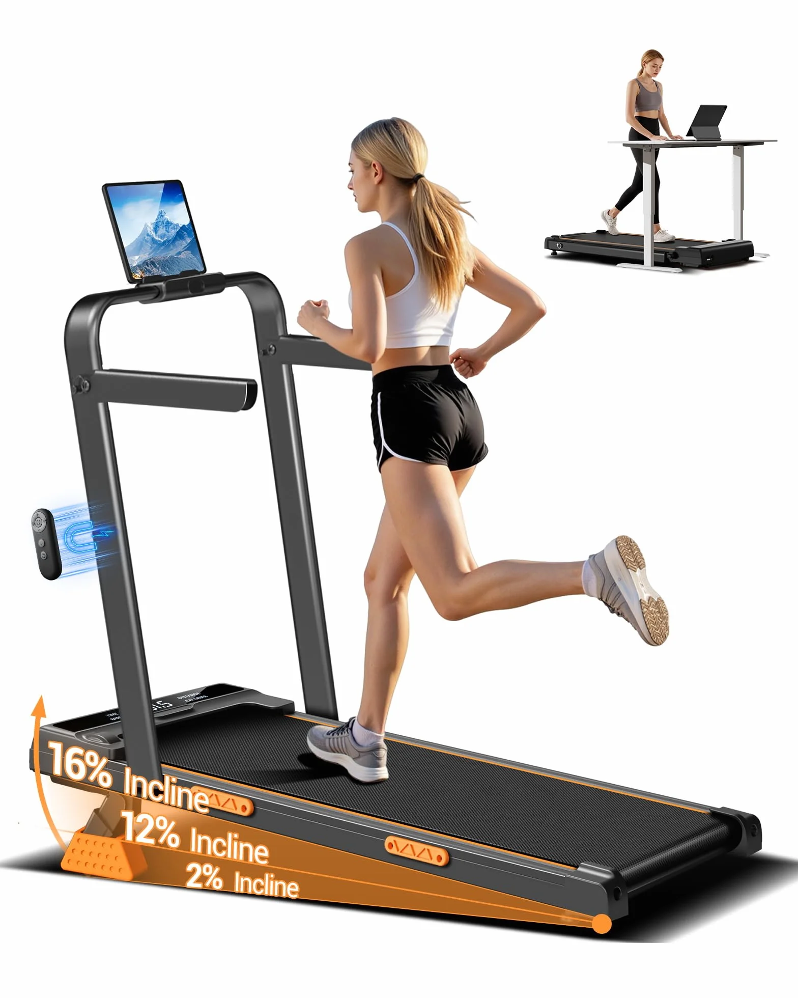 LONTEK Walking Pad Klappbar mit Steigung 10KM/H, 16% Laufband für Zuhause Klappbar mit Steigung, LED Anzeige, Fernbedienun, Laufbänder mit Handläufen, 3.0 HP Treadmill for Home, Belastung 159KG