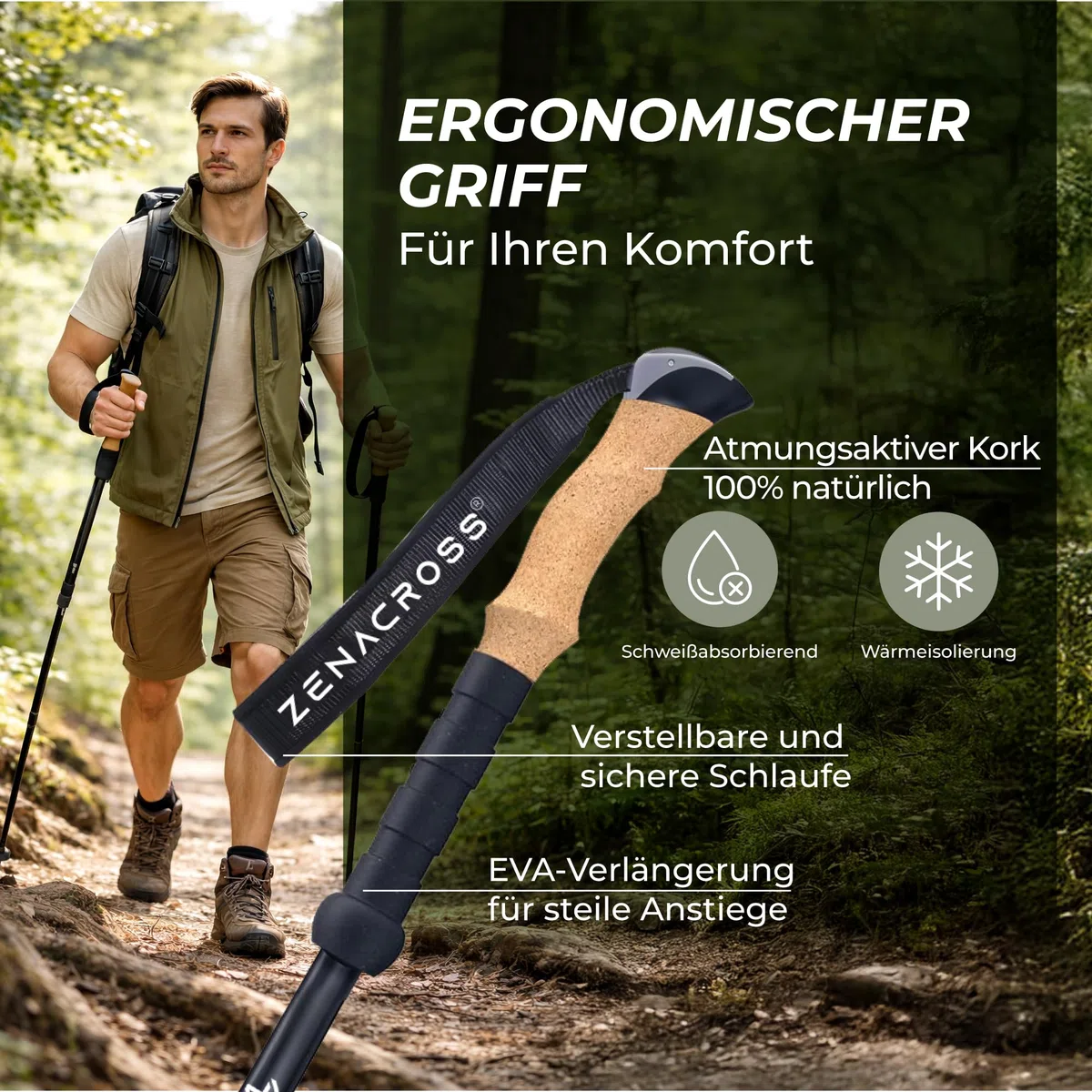 Wanderstöcke Teleskop [Carbon oder Aluminium] - Nordic Walking Stöcke Damen/Herren Ultraleichte - Trekkingstöcke Einstellbar mit Natürlich Kork Griff