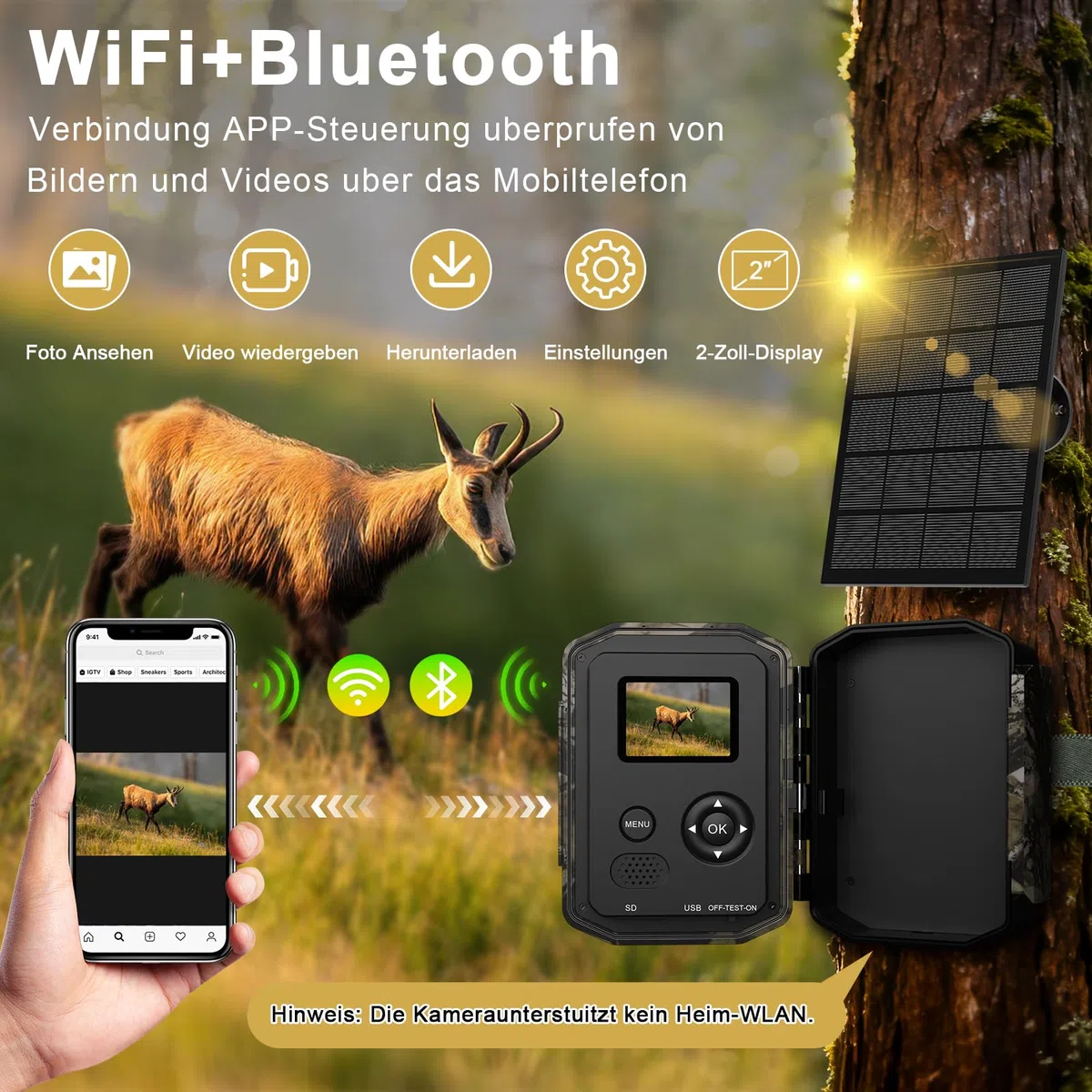 Wildkamera WLAN 5K/64MP mit Wiederaufladbare 10000mAh Akku | Wildtierkamera Solar, Handyübertragung App, Bewegungsmelder Nachtsicht, 32G SD Karte, 0,1s Auslösezeit, IP66