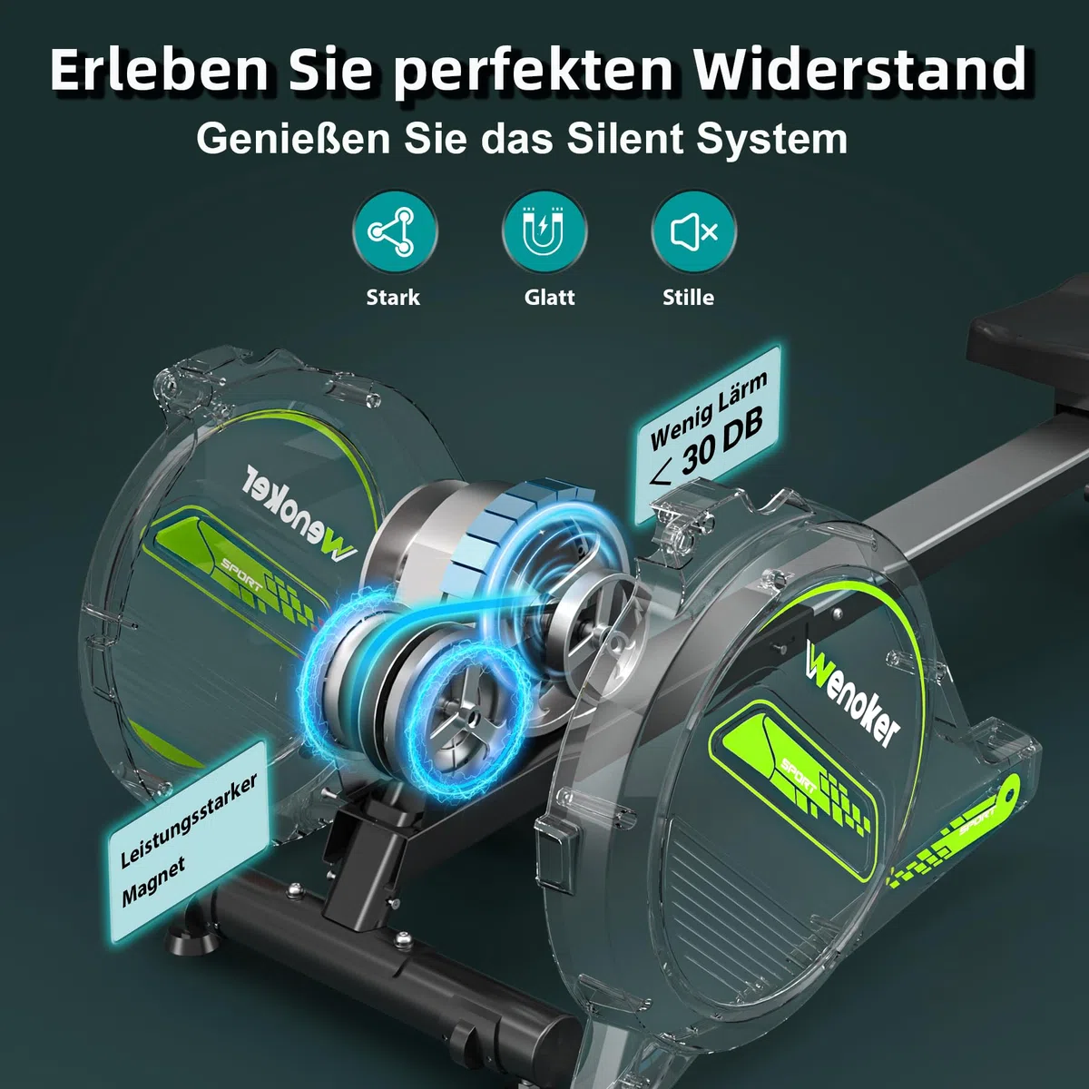 WENOKER Magnetisches Rudergerät für Zuhause: <30dB Leises Fitnessgerät für Wohnungen, hochkant gelagert & Platzsparend mit 160kg Tragkraft, App-Anbindung (Kinomap) & 16 Widerstandsstufen