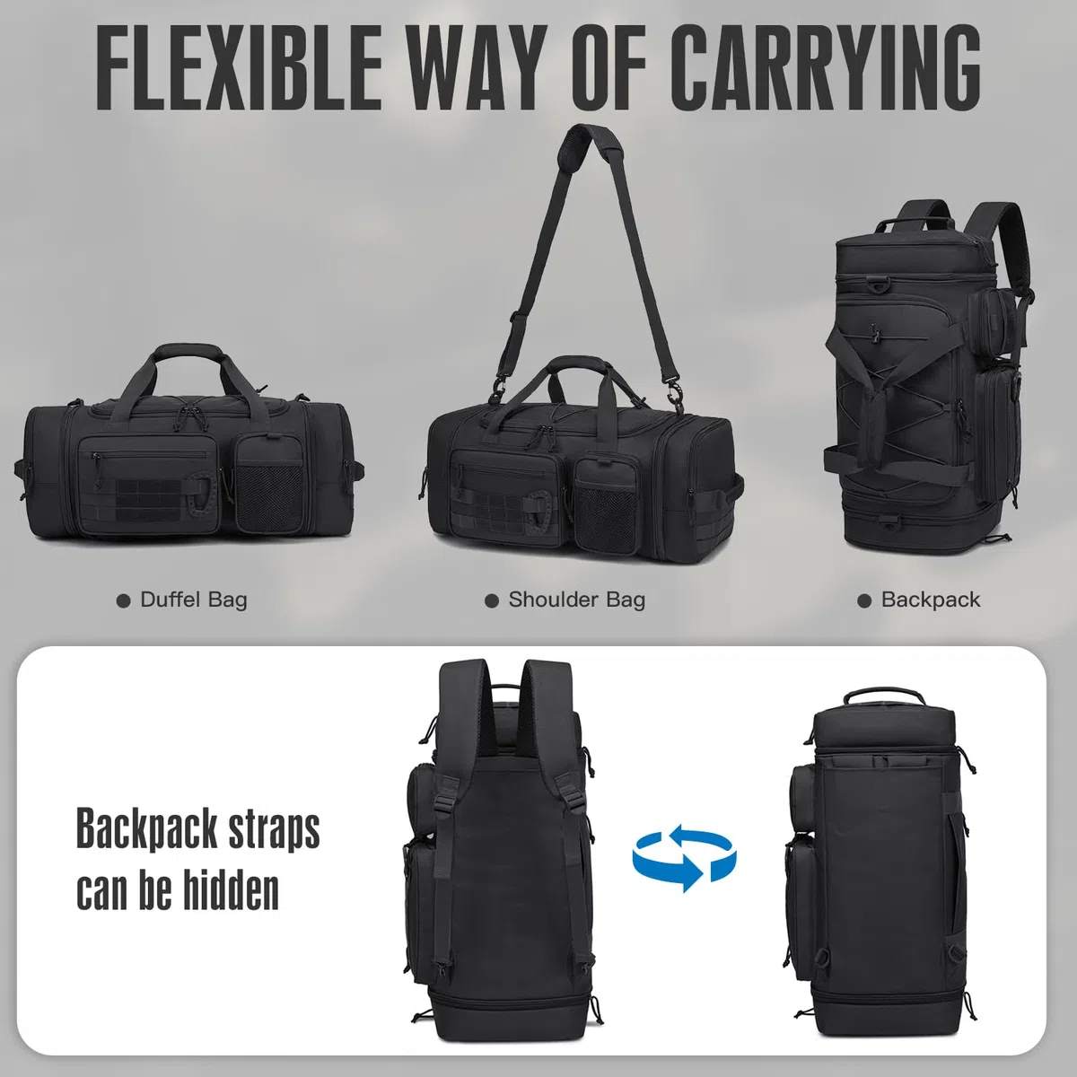 Taktische Reisetasche Sporttasche 40-45L Erweiterbar 3-in-1 Sporttaschen Herren Mittel mit Schuhfach Nassfach und Rucksackfunktion Trainingstasche Damen für Militär Fitness Gym Sauna, Schwarz