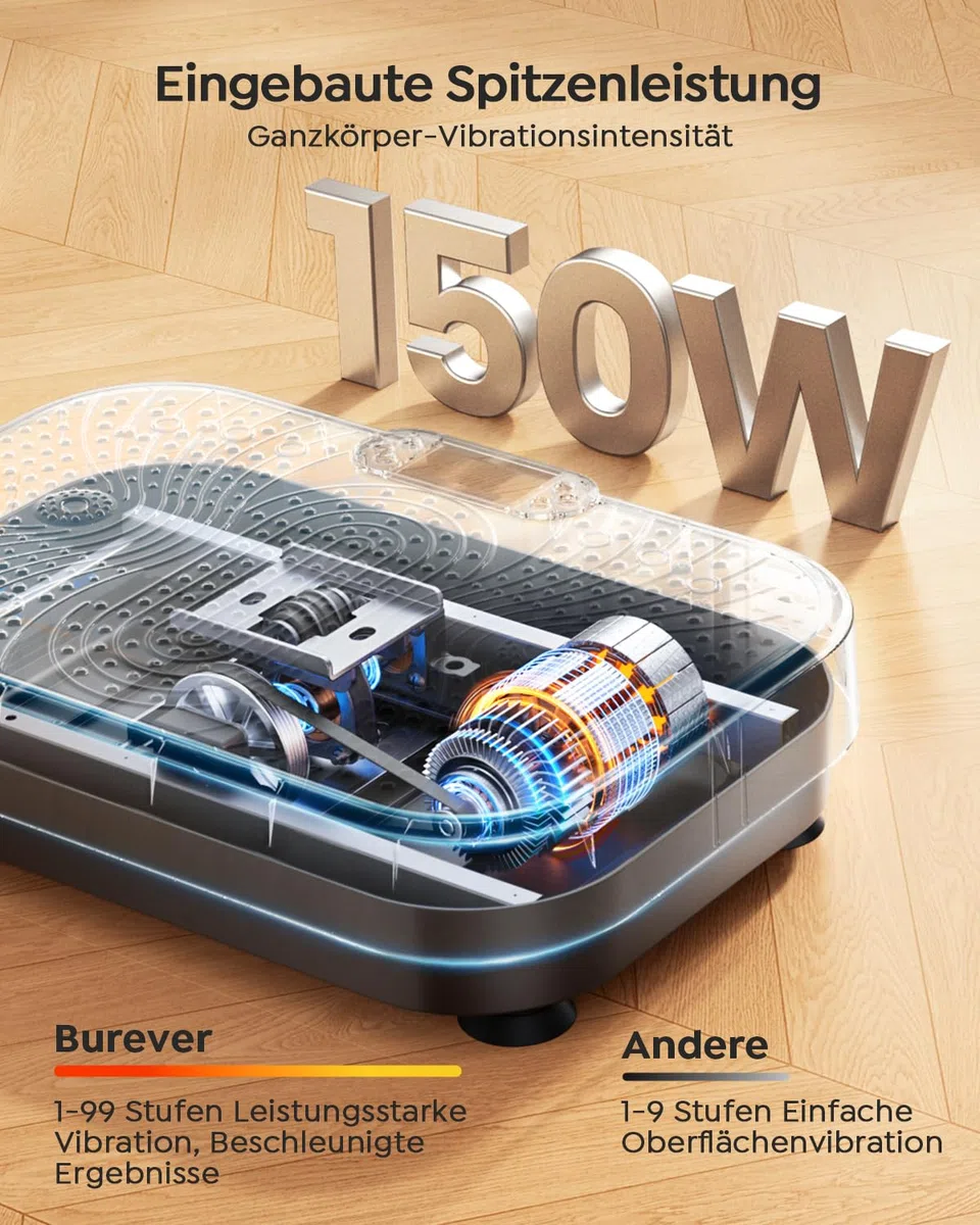 Vibrationsplatte, Burever Vibration Plate 150W, Leise Fußmassage, Muskelaufbau und -formung, 99 Intensitätsstufen, 5 Trainingsprogramme, Fernbedienung, Widerstandsbänder