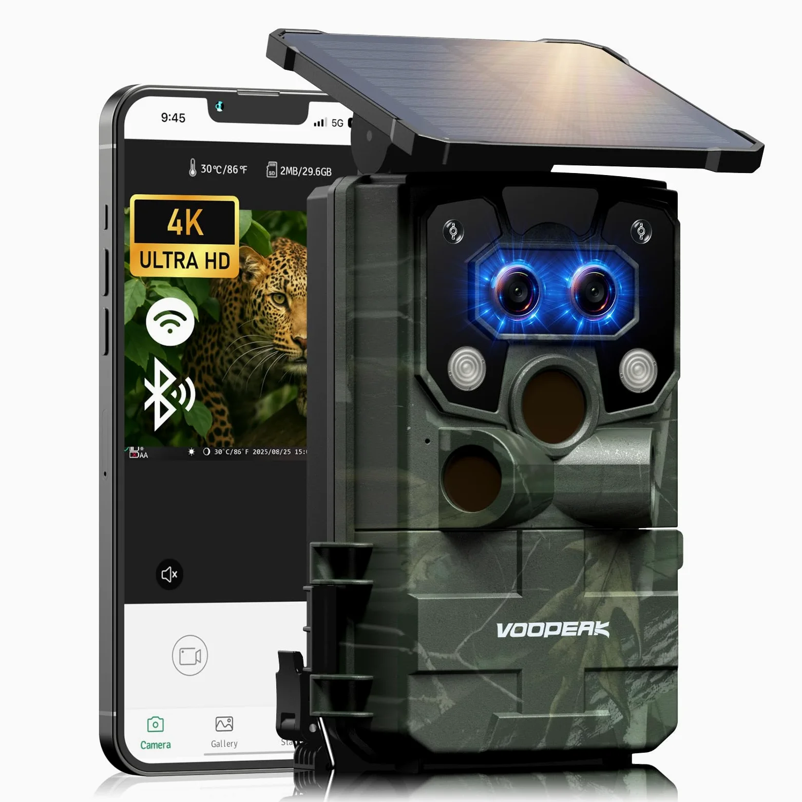VOOPEAK Duales Objektiv Solar Wildkamera WLAN 4K 60MP, Sternenlicht Nachtsicht Wildkamera mit Handyübertragung APP, Wildtierkamera mit Nachtsicht Bewegungsmelder 0,1S Auslösezeit IP66 Wasserdicht