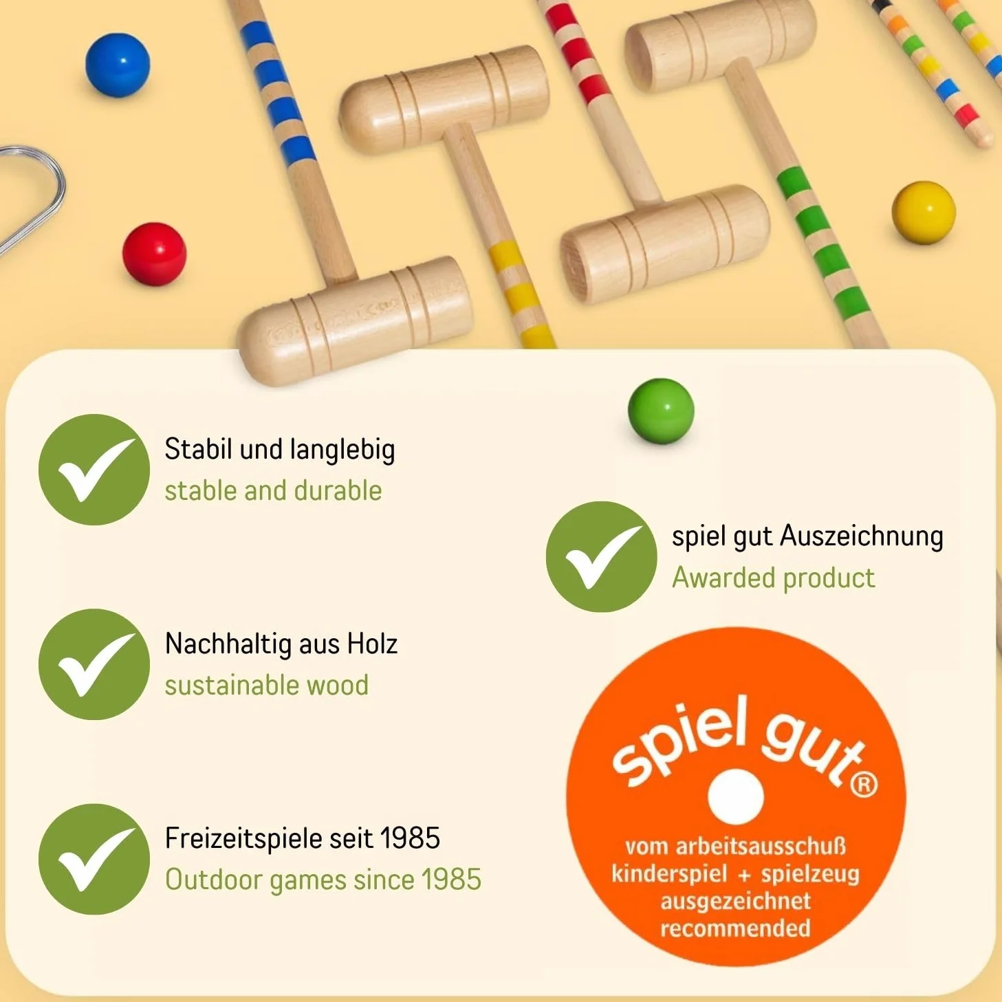 Qualitäts Krocketspiel / Krocket / Crocket für 6 Spieler (100 cm Erwachsenengröße) mit Transporttasche - Spiel gut (Auszeichnung) - Qualitätsware aus Massivholz für die ganze Familie -Made in EU-3246