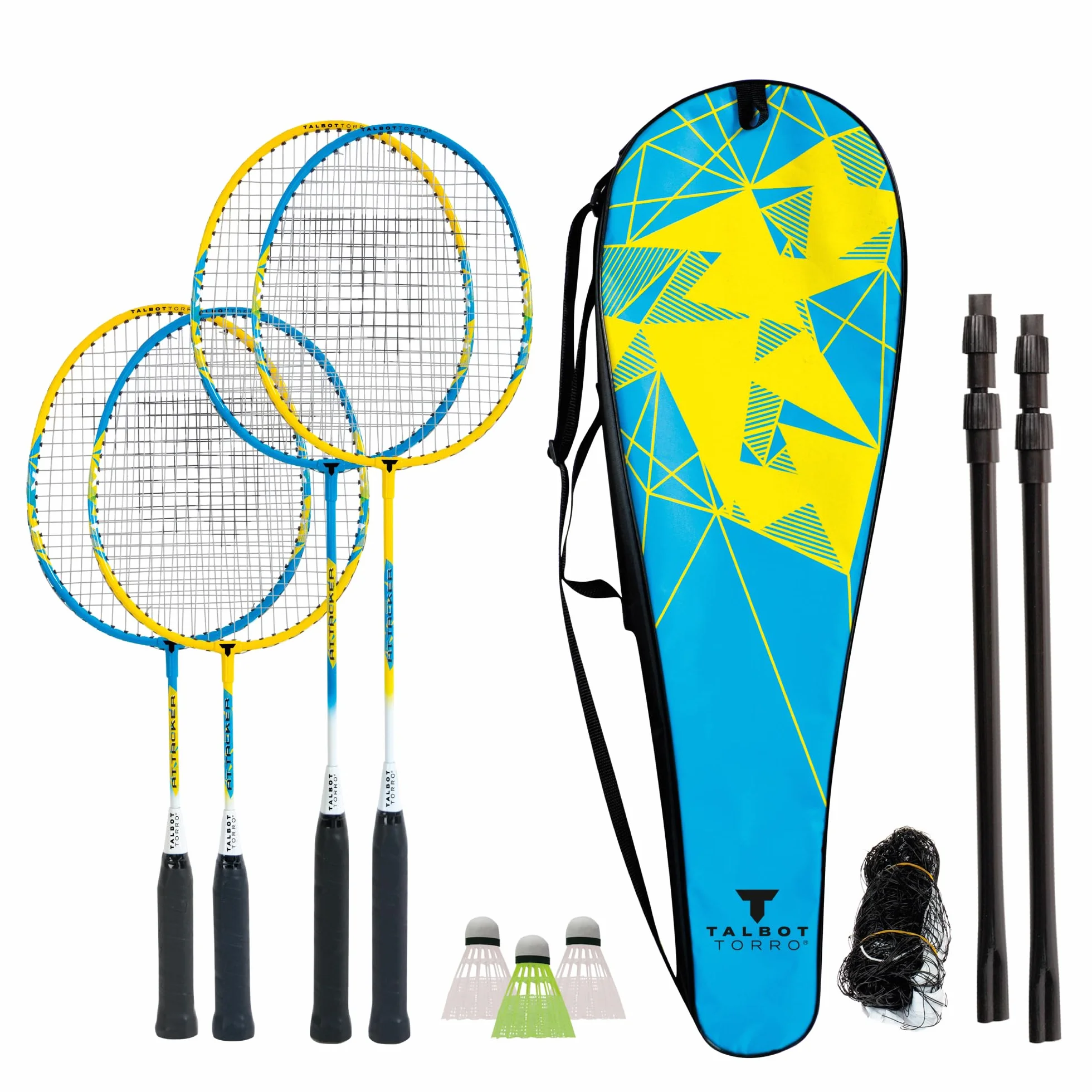 Talbot-Torro Badminton-Set Family, Komplettset mit 2 Juniorschläger 53 cm, 2 Standardschläger, 3 Federbälle, höhenverstellbare Netzgarnitur, in wertiger Tasche
