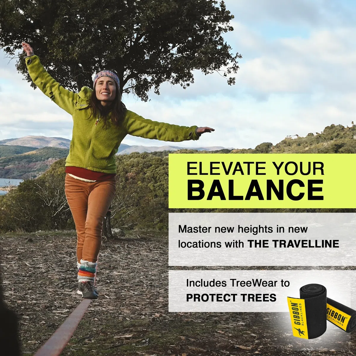 Gibbon Slacklines Travel Line | Leichtes, Kompaktes 15m Slackline-Set für Anfänger & Fortgeschrittene | TÜV-geprüft | inkl. Ratschenschutz & TreeWear | Ideal für Reisen & Urlaub