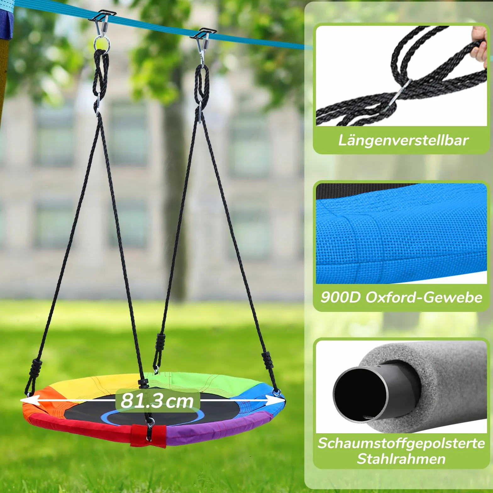 Hapfan 15M Ninja Slackline Kinder Nestschaukel Outdoor Set mit Seilrolle, Ninja Warrior Parcours Kinder mit 10 Hindernissen, Klettergerüst, Kletternetz, Kletterleiter Gym Ring Baumschutz (Bunt)