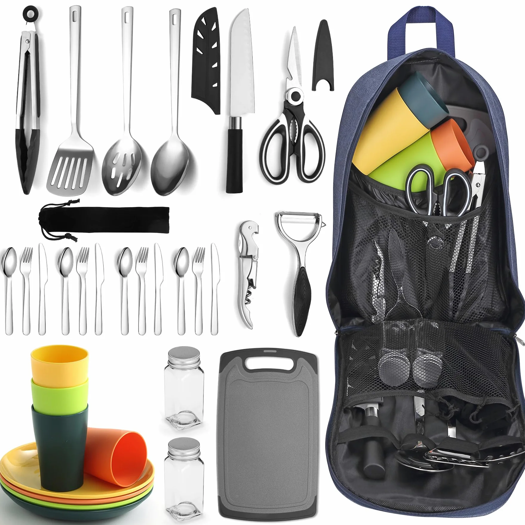 Berglander Camping-Essentials, Camping-Kochutensilien-Set, Campingzubehör-Ausrüstungs-Must-Haves, kommen mit Camping-Bestecksets, Tellern und Tassen, ideal für Outdoor-Kocher, Picknick, Grill