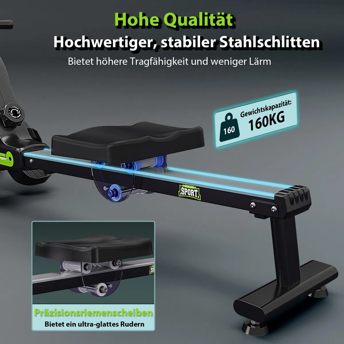 WENOKER Magnetisches Rudergerät für Zuhause: <30dB Leises Fitnessgerät für Wohnungen, hochkant gelagert & Platzsparend mit 160kg Tragkraft, App-Anbindung (Kinomap) & 16 Widerstandsstufen