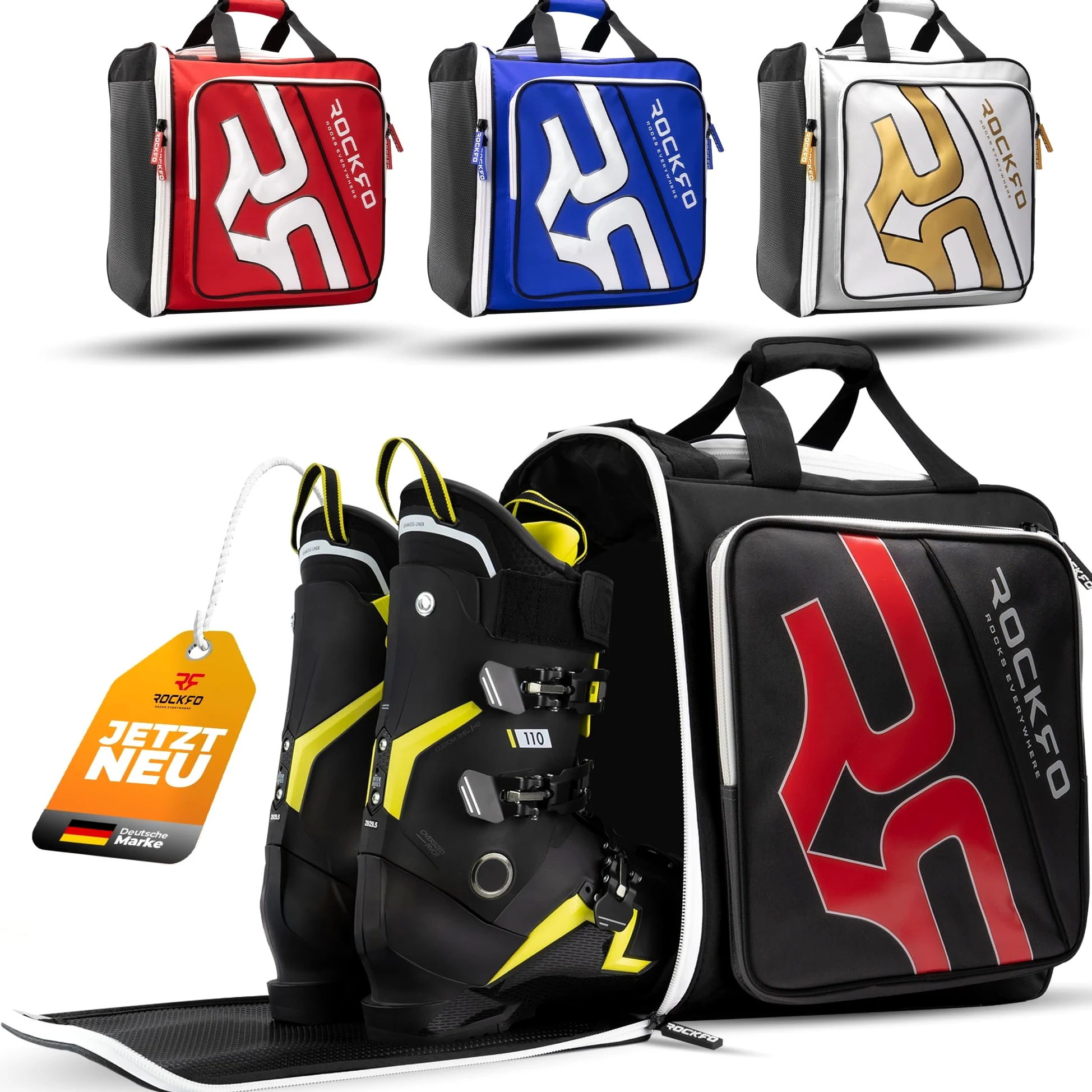Skischuhtasche mit Helmfach, Robuste Tasche für Skischuhe, Wasserabweisende Skistiefeltasche mit Helmfach, Praktischer 7 Zonen Ski Rucksack für Ski Schuhe Helm Skibrille, 49L