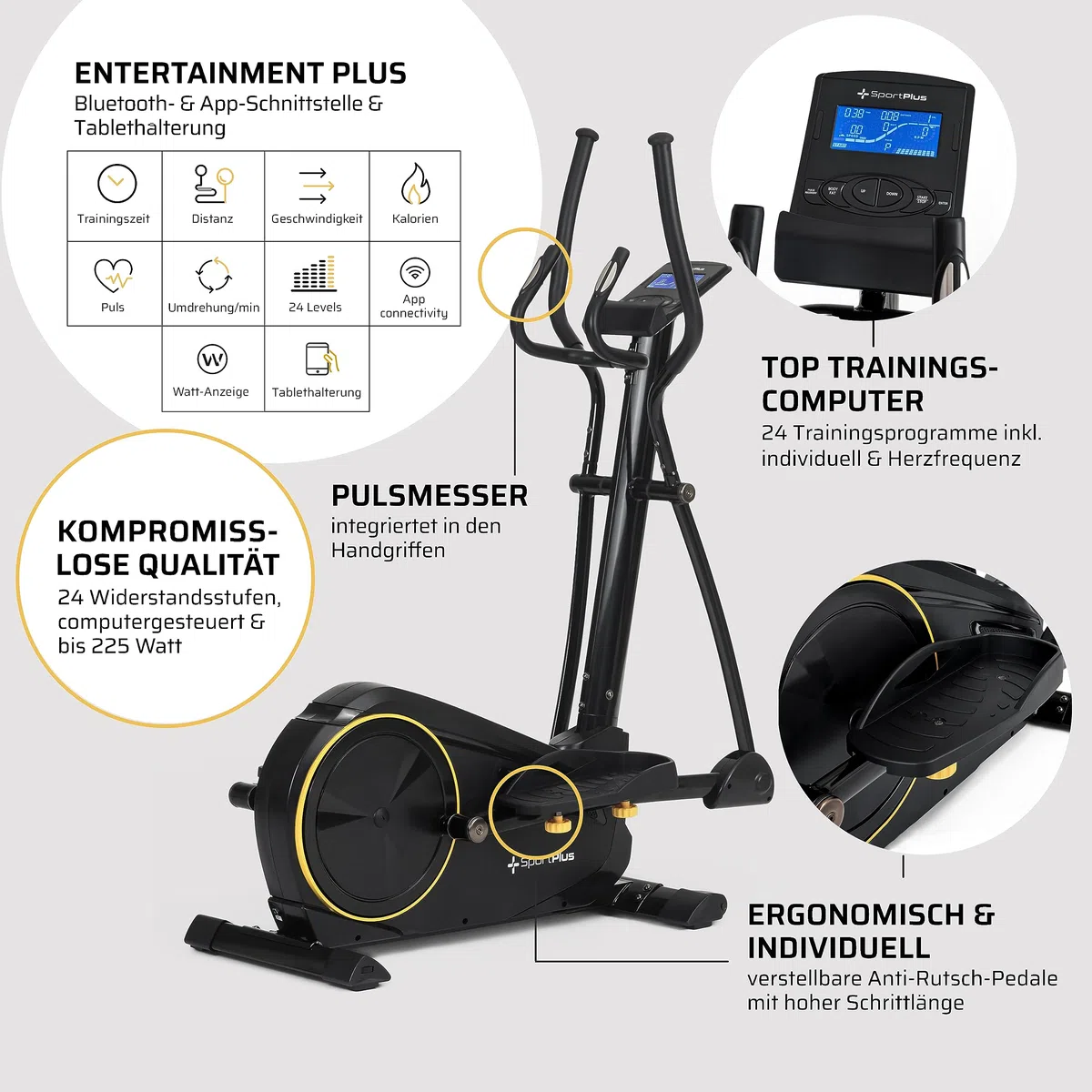 SportPlus Crosstrainer für zuhause - leiser Ellipsentrainer mit Magnetwiderstand und Trainingscomputer - platzsparend & gelenkschonend mit 24 Widerstandsstufen - Heimtrainer bis 150 kg belastbar