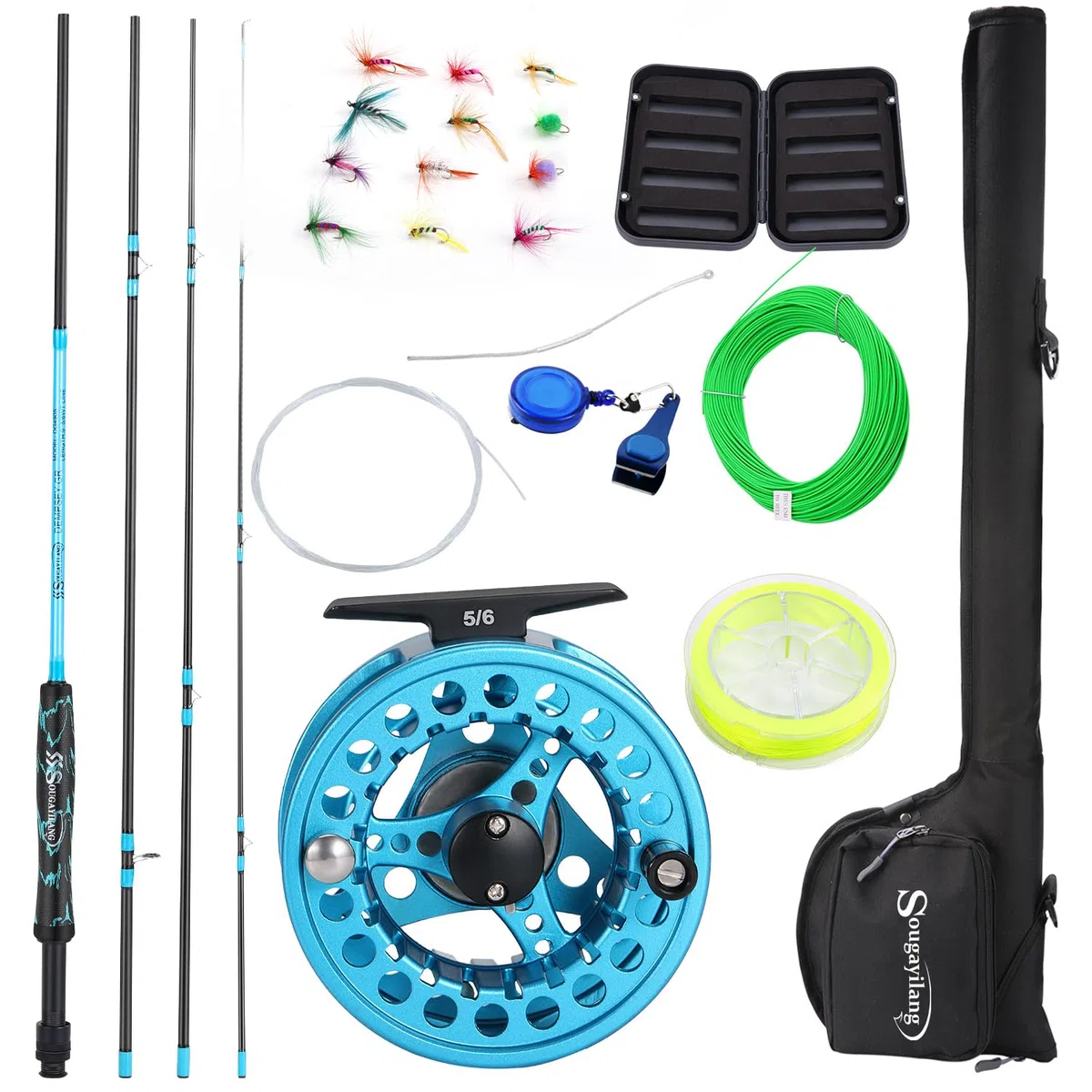 Sougayilang Standard Fly Fishing Combo Starter Kit, 5/6 Gewicht 9' Fliegenrute mit SuperPolymer Griff, Zubehör, Tragetasche, Fly Box Case für Angeln Fliegen-Blau