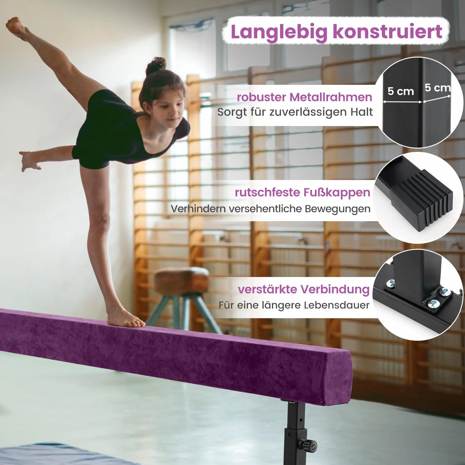 COSTWAY 226 cm Schwebebalken mit 3 Höhen verstellbar, Gymnastikbalken, Heimtrainingsgerät mit robusten Metallbeinen & Rädern, Balancierbalken für Anfänger und Profis (Lila)
