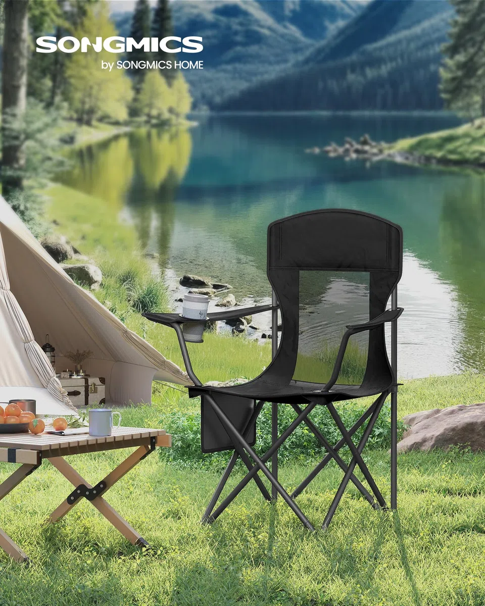 SONGMICS Campingstuhl 2er Set, Klappstuhl Outdoor, Angelstuhl, hohe Rückenlehne, verstellbare Armlehnen, Getränkehalter, klappbar, bis 150 kg belastbar, Camping Garten
