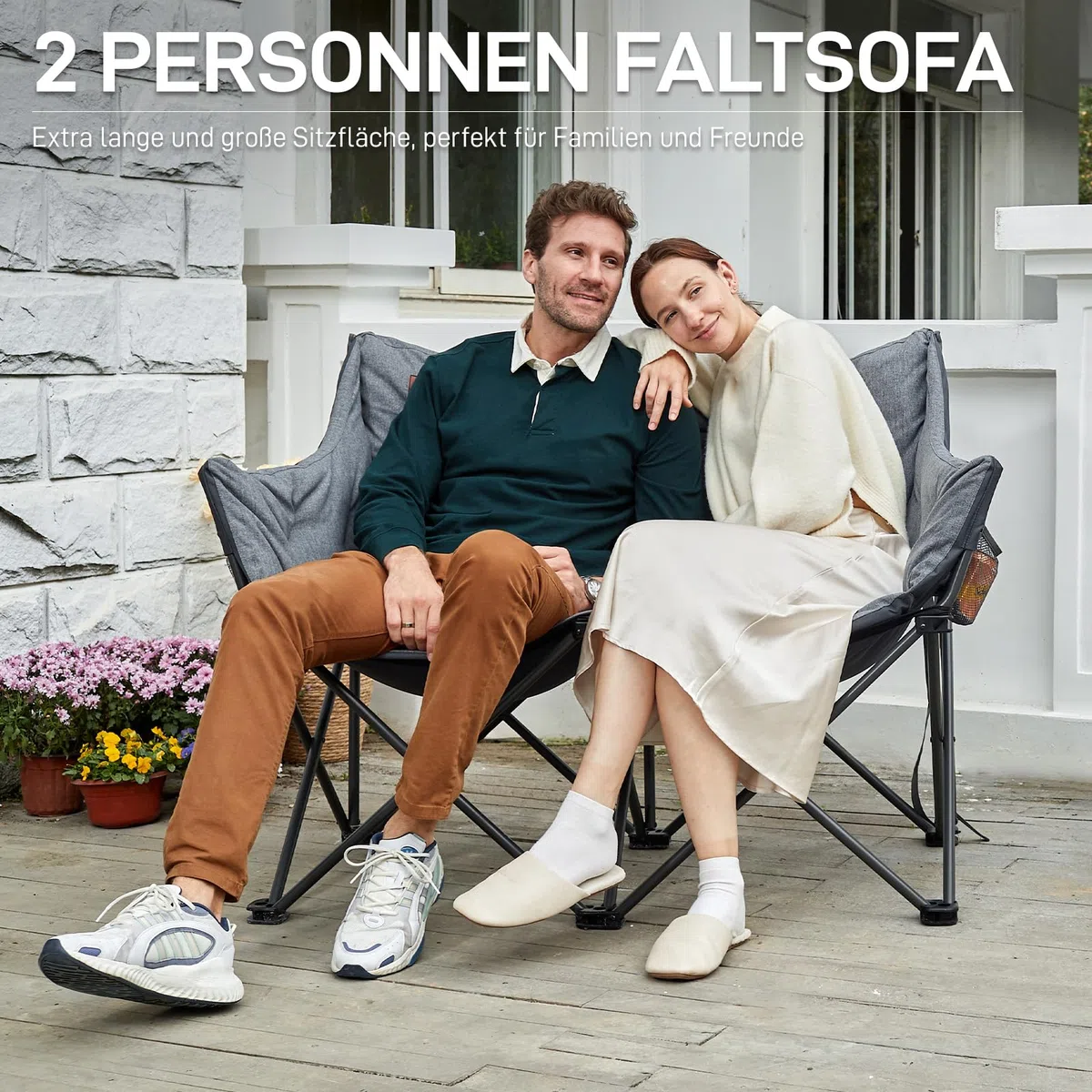 EVER ADVANCED Campingstuhl Faltbar 124CM Breit Campingsofa für 2 Personen Faltsofa 320KG Belastbar, Campingcouch Dick Gepolstert Klappstuhl XXL 2 Sitzer Hohe Lehne für Outdoor Garten Balkon Indoor