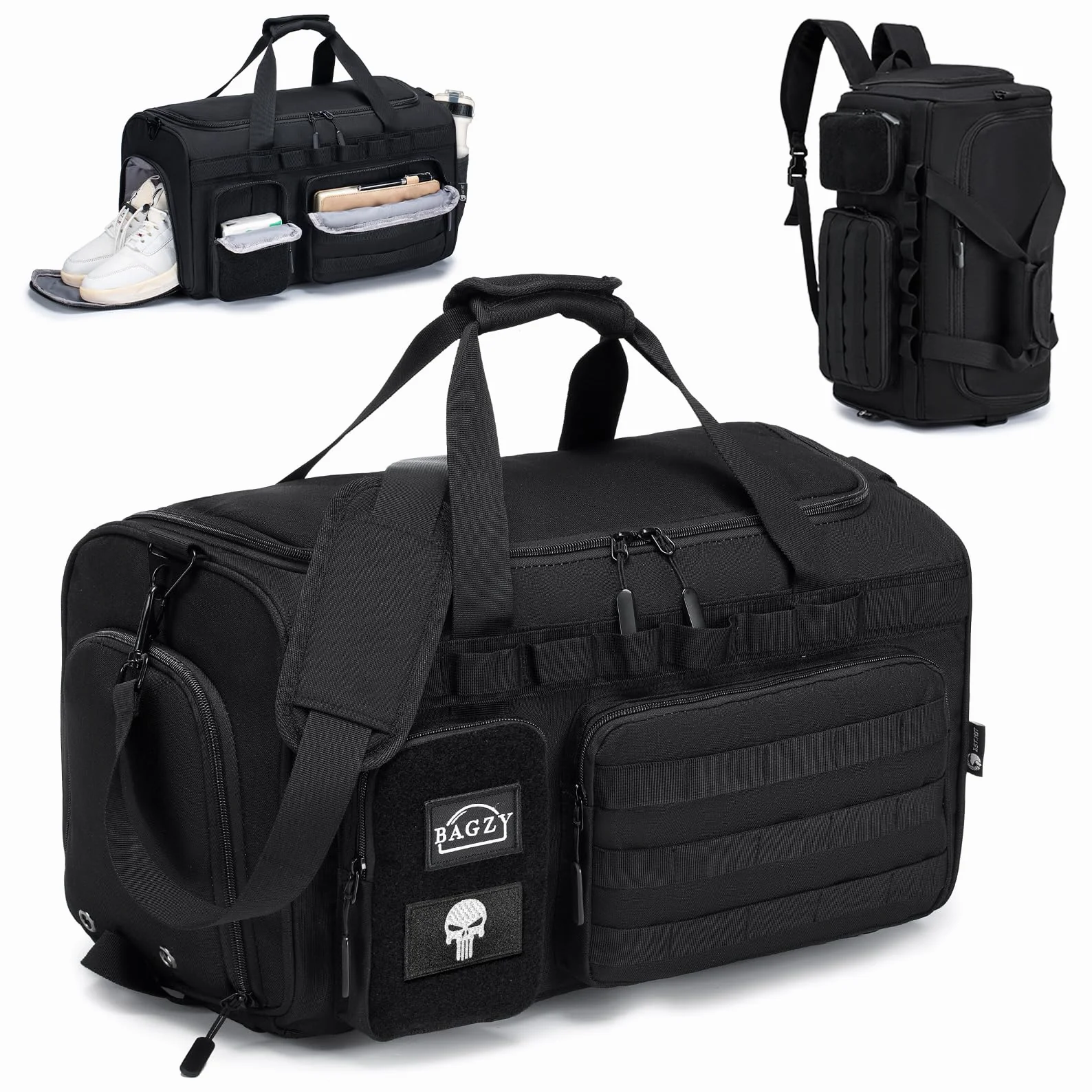 BAGZY Arbeitstasche Herren 40L Taktische Reisetasche Sporttasche mit Rucksackfunktion Einsatztasche Polizei Trainingstasche mit Schuhfach Nassfach Groß Rucksack für Gym Fitness Weekender Schwarz
