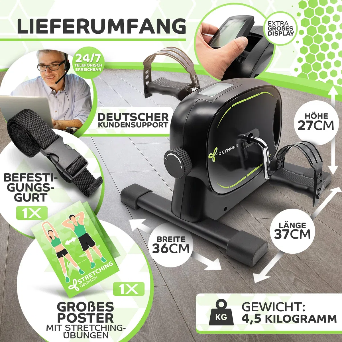 Neu Tretmann Basic Pedaltrainer Set -extra standfest & leise- inkl. Befestigungsband -DEKRA Geprüft- Beintrainer für Senioren Heimtrainer Mini Bike Schwarz Grün