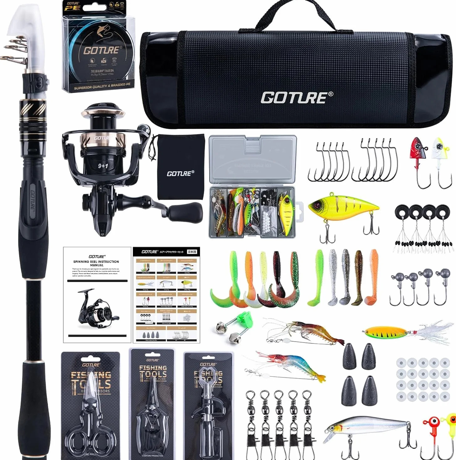Goture Angelset Komplett, Teleskop-Brandungsrute aus Kohlefaser & Spinnrolle mit 9+1 gekapselten Kugellagern, inkl. Angelwerkzeuge, Rollentasche - Professionelles Angeln im Salzwasser