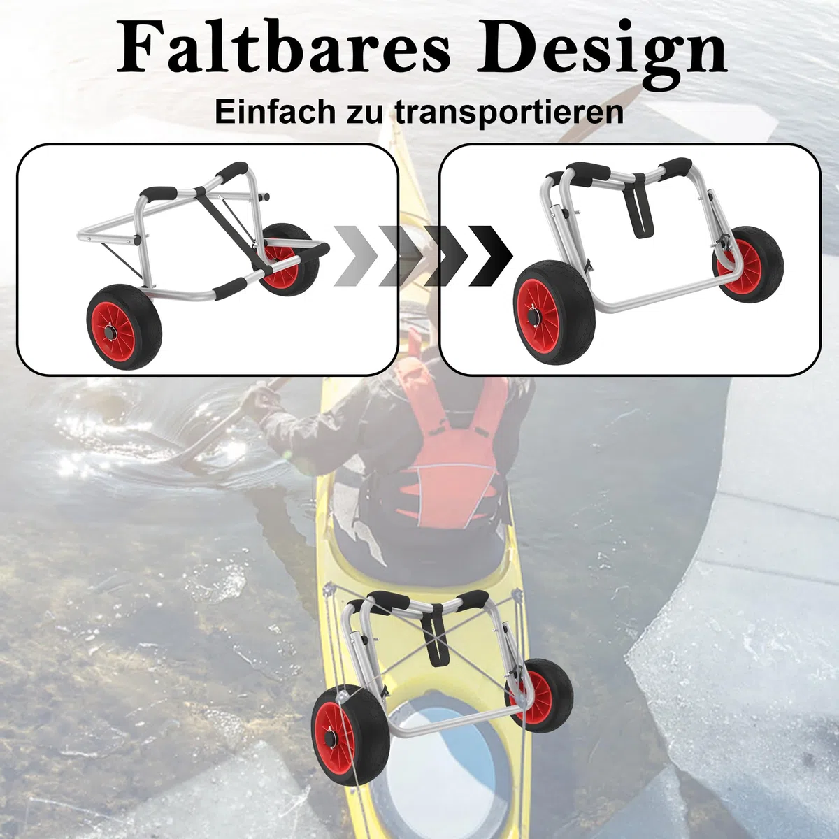 Faltbarer Kanuwagen & Kajakwagen aus Aluminium – Transportwagen für Kajak, Kanu & SUP, mit 2 PU-Rädern, Spannriemen, Traglast bis 100 kg
