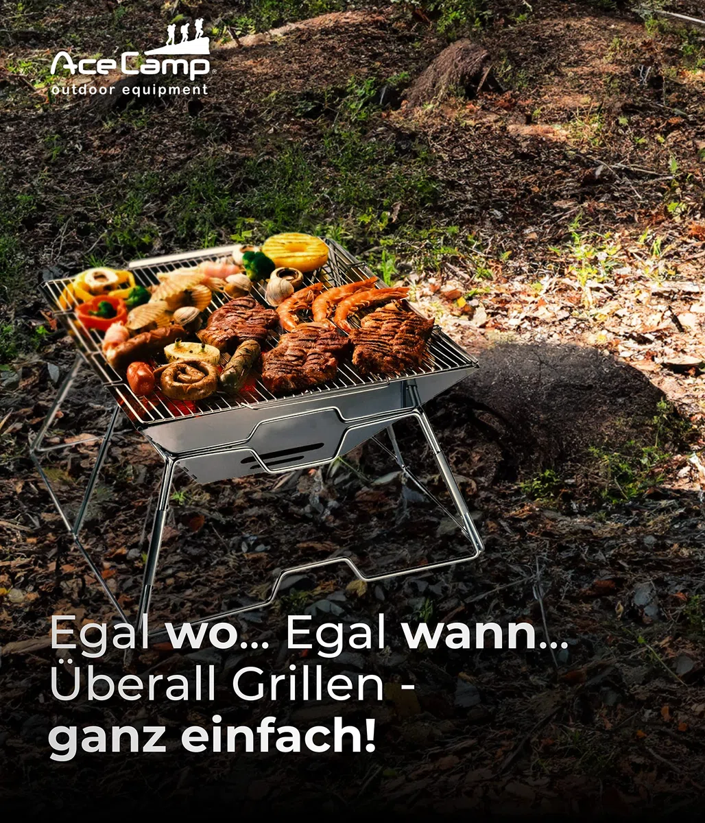 AceCamp Holzkohlegrill tragbarer Klappgrill Faltgrill Camping-Grill Garten Party BBQ Edelstahl Grill, (weitere Größen)