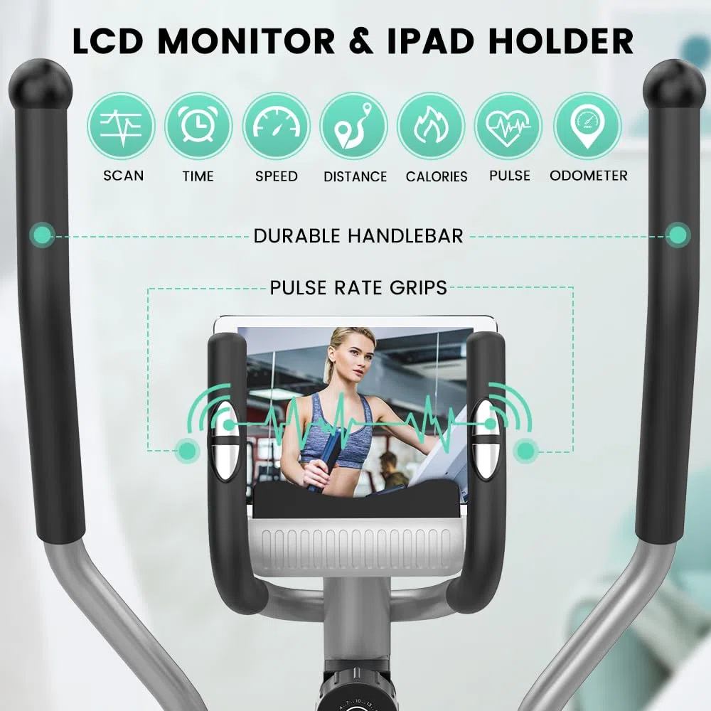 Dripex Crosstrainer für zuhause, Magnetisch Ellipsentrainer, Ultraleiser Crosstrainer mit 16-stufiger Widerstand, 6KG Schwungrad, Pulssensor, LCD Monitor, Gerätehalterung, Transporträder (Grün)