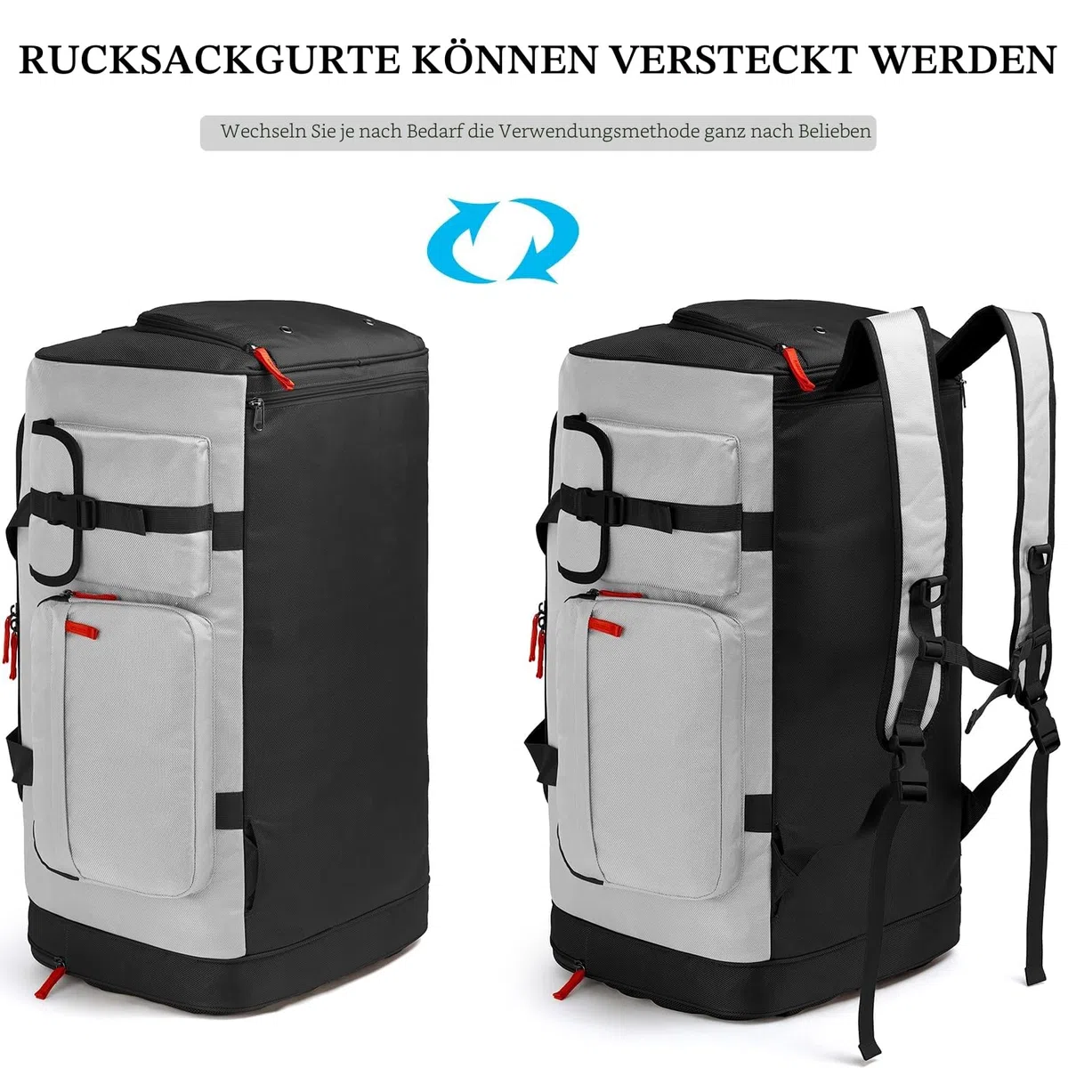 70L Sporttasche Groß Sportrucksack Herren mit Schuhfach Wochenend Sport Reisetasche mit Rucksackfunktion Wasserdicht Fitness Trainingstasche für Damen Gym, Reisen, Camping, Grau