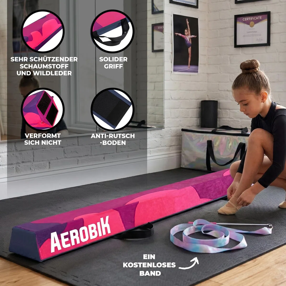 Aerobik | Klappbarer Schwebebalken 240 cm Violett | Stabil, rutschfest & Waschbar | Für Kinder & Erwachsene | Inklusive Gymnastikband | Original Corner