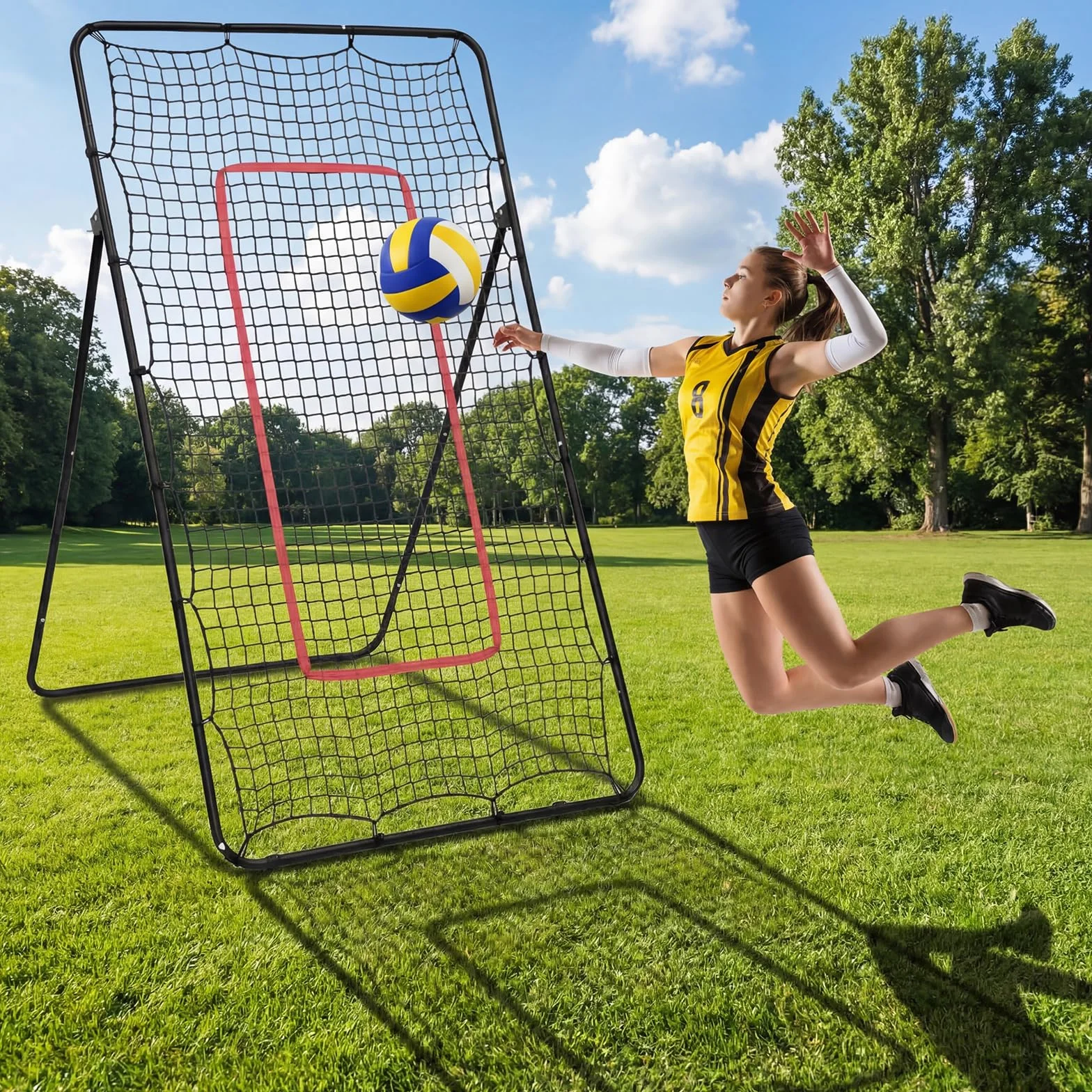 Volleyball Rebounder Netz 215x117cm Volleyballnet Tennis rebounder Volleyball-Trainingsgerät mit Schlagzone für Lacrosse Baseball Verstellbares Volleyballnetz Hinterhof