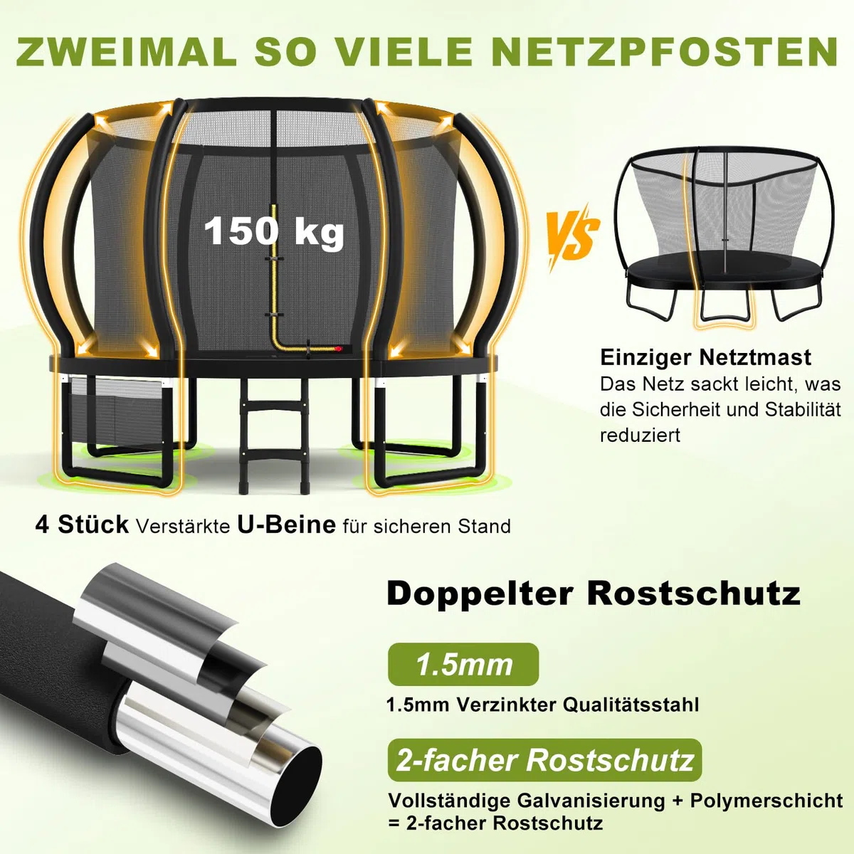 Devoko Trampolin Outdoor Ø 228/305/366/427/488 cm, GS-Zertifikat, Kindertrampolin Gartentrampolin mit Sicherheitsnetz, Rundes Riesentrampolin mit Leiter und Schuhbeutel