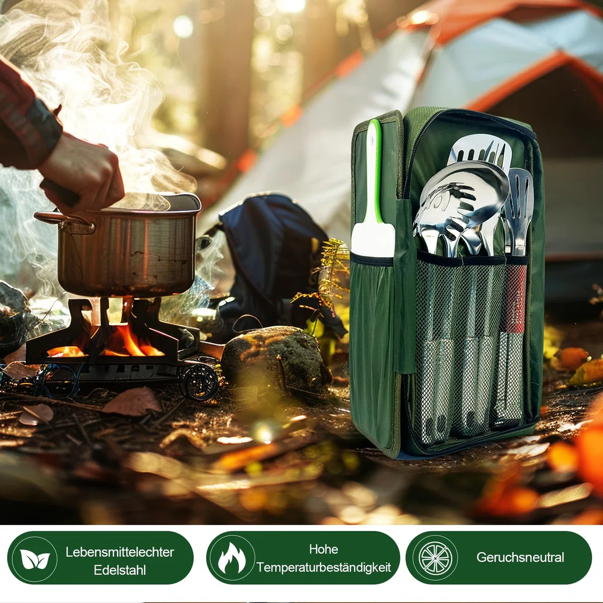 E EASTSTORM Camping Küchenhelfer Set mit wasserdichte Tasche,Camping Geschirr,Klein und Tragbar,Geeignet für Outdoor,Bergsteigen,Wandern,Camping Set für Rucksäcke, Dunkelgrün