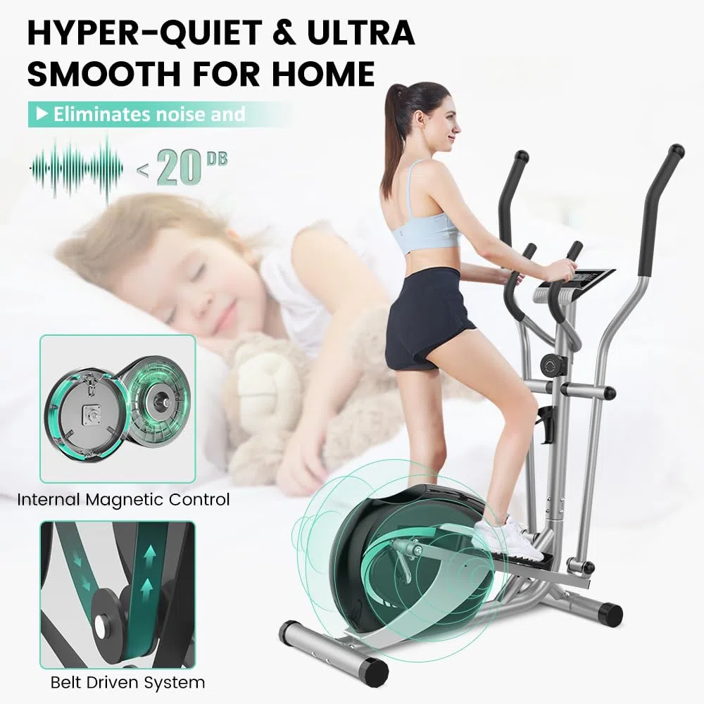 Dripex Crosstrainer für zuhause, Magnetisch Ellipsentrainer, Ultraleiser Crosstrainer mit 16-stufiger Widerstand, 6KG Schwungrad, Pulssensor, LCD Monitor, Gerätehalterung, Transporträder (Grün)