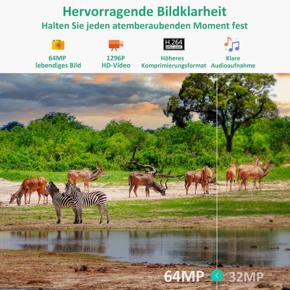 GardePro E8 Wildkamera WLAN mit 64 GB SD-Karte, 64MP H.264 1296P Video, 27m Infrarot Nachtsicht Bewegungsmelder Wildtierkamera WiFi Handyübertragung, 0,1s Schnelle Trigger, IP66