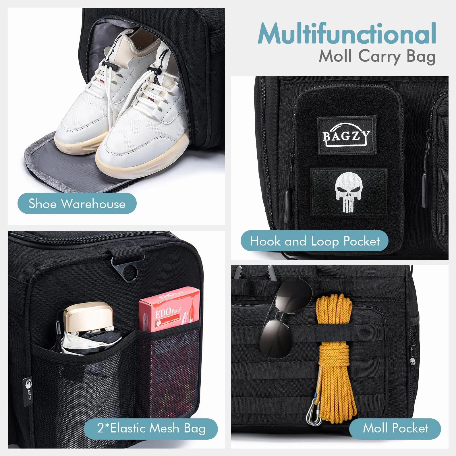 BAGZY Arbeitstasche Herren 40L Taktische Reisetasche Sporttasche mit Rucksackfunktion Einsatztasche Polizei Trainingstasche mit Schuhfach Nassfach Groß Rucksack für Gym Fitness Weekender Schwarz