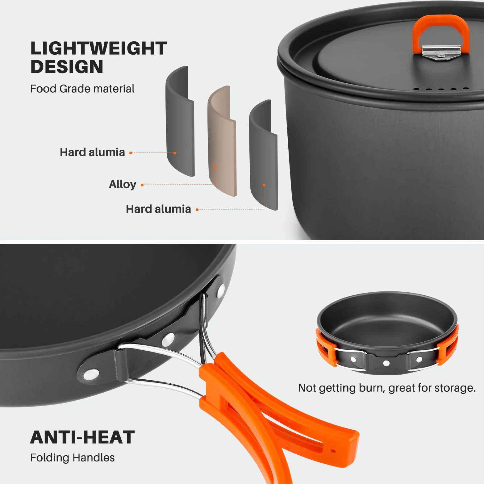 Odoland Camping Kochgeschirr Set, 10 Teilige Outdoor Geschirr Set mit Camping Topf, Camping Bratpfanne und Teekannen für Camping Outdoor Kochen Wandern Reisen