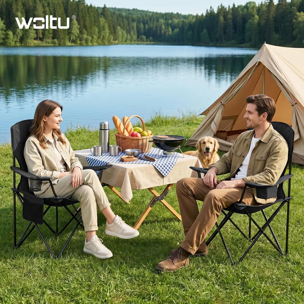 WOLTU Campingstuhl 2er Set Klappstuhl Faltbar bis 130 kg Belastbar mit Getränkehalter Seitentasche & Kühltasche, Outdoor Angelstuhl Camping Klappstuhl für Strand Angeln,Schwarz