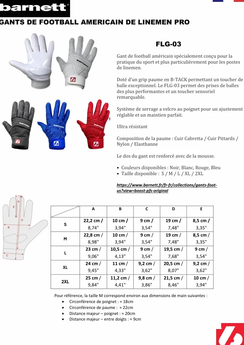 BARNETT FLG-03 American Football Handschuhe Linemen Profi, OL,DL, Weiß (2XL)
