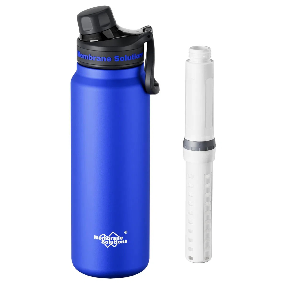 Membrane Solutions C3 Outdoor Wasserfilter Flasche, 900ml(32oz) Edelstahl Trinkflasche mit entnehmbarem Filter, 0,1 μm Filtergenauigkeit, 4000l Filterkapazität, Camping, Survival, Notfall, Blau