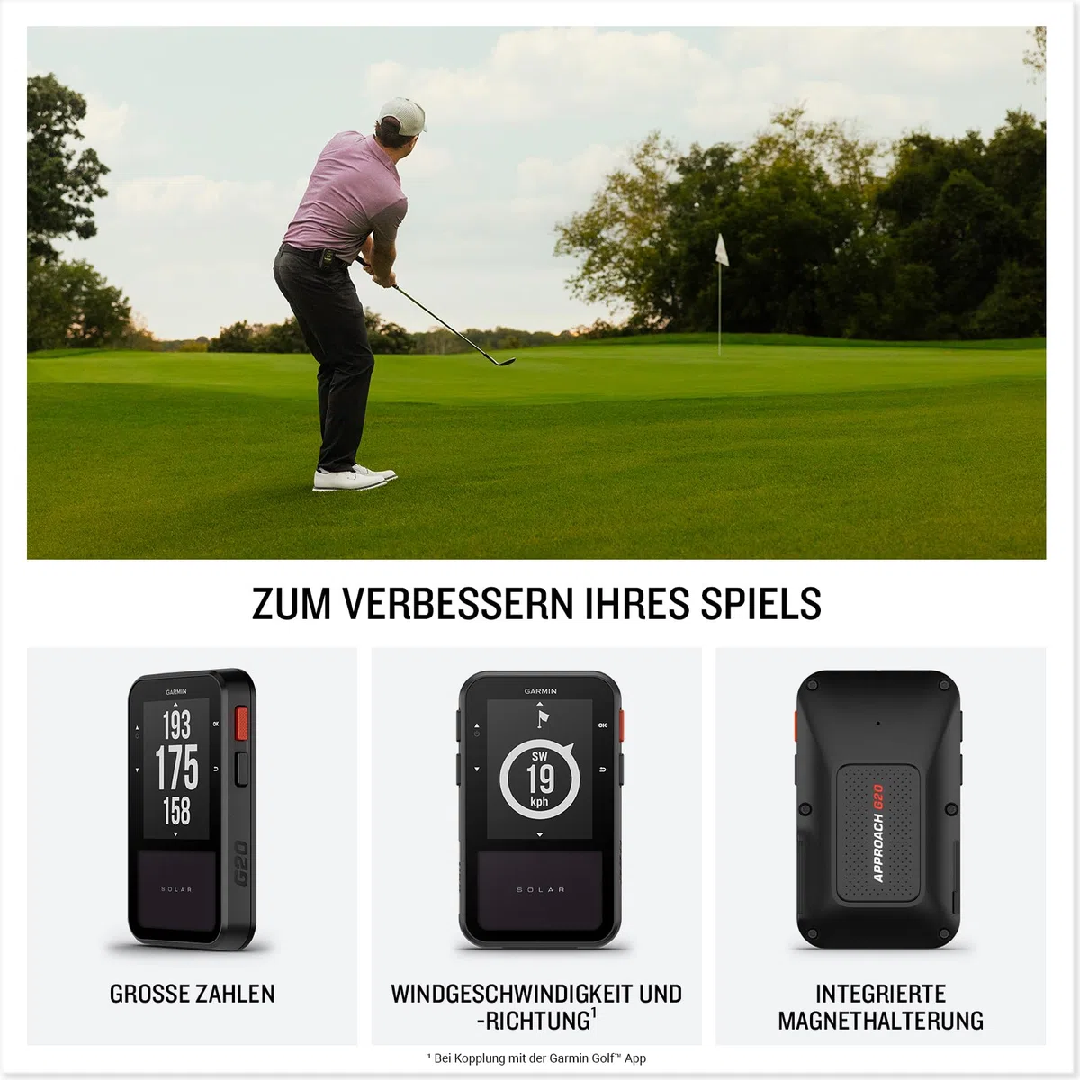 Garmin Approach G20 Solar - Golf-Handgerät mit 2,2"-Display, Solarladung für eine Lange Akkulaufzeit, Entfernungsangaben zu Hindernissen und zum Grün und über 43.000 Golfplätze weltweit