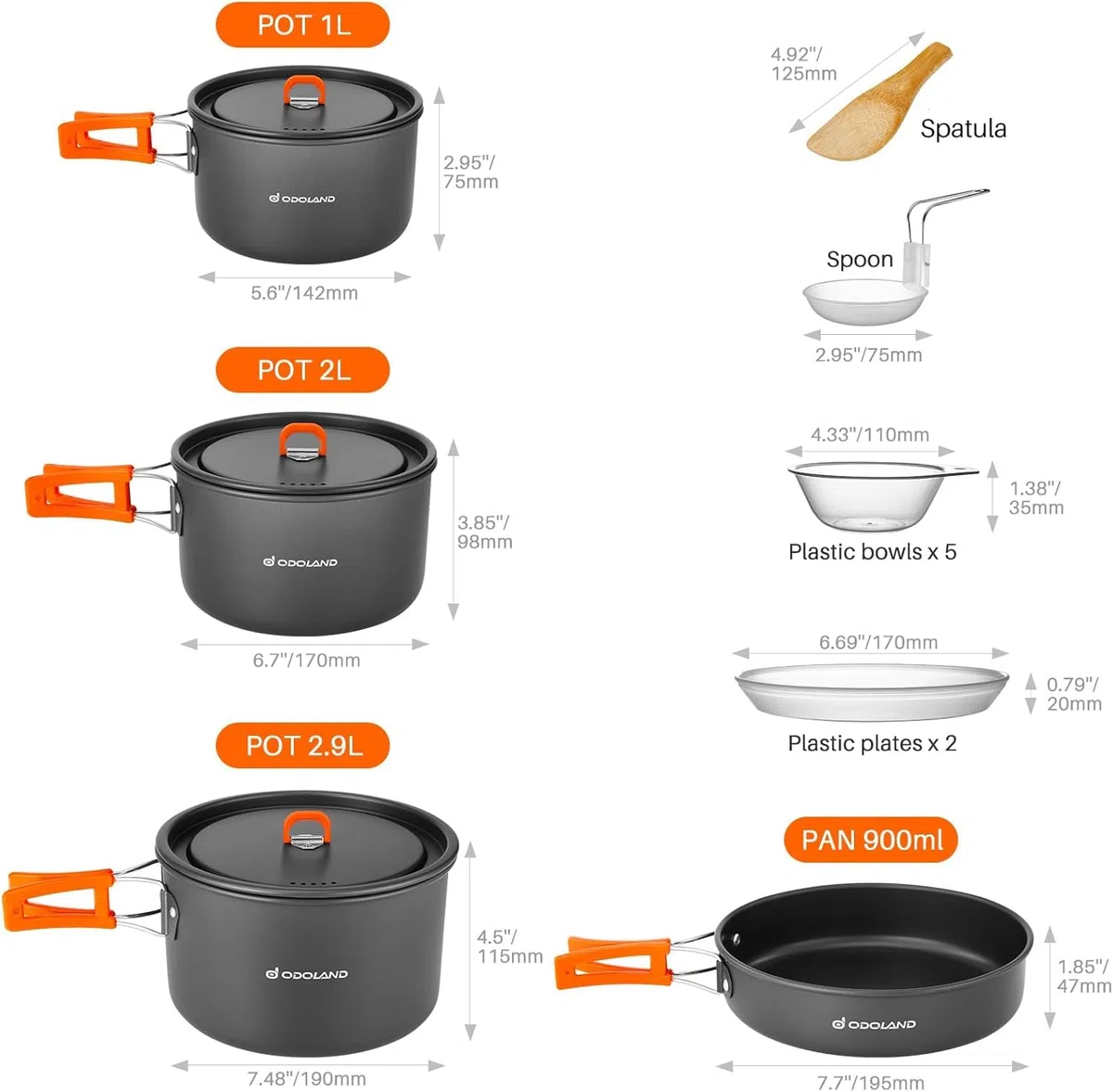 Odoland Camping Geschirr Set 15 Teilig, Outdoor Kochgeschirr Set mit 2 Topfe, Bratpfanne und Wasserkocher Camping Kochtopf Set, Kochgeschirr Aluminium für 4-5 Personen