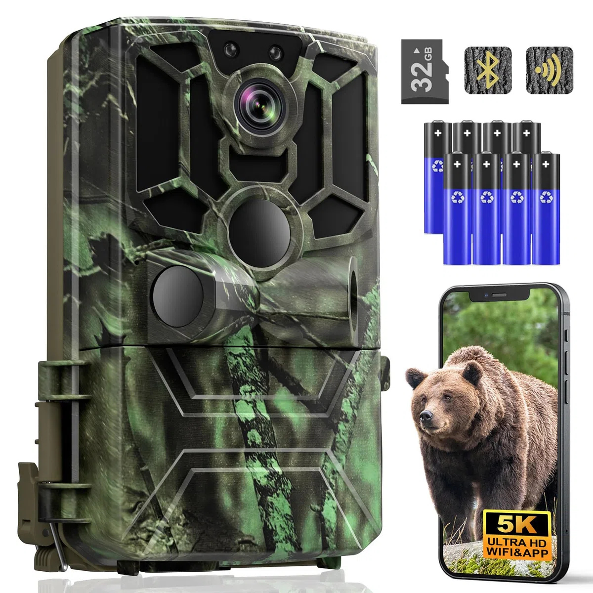 Wildkamera mit Handyübertragung App, 5K Video 60MP Full HD WLAN Bluetooth Wildtierkamera Nachtsicht Bewegungsmelder 0,1s Auslösezeit IP66 Wasserdicht 32GB Speicherkarte AA-Batterien