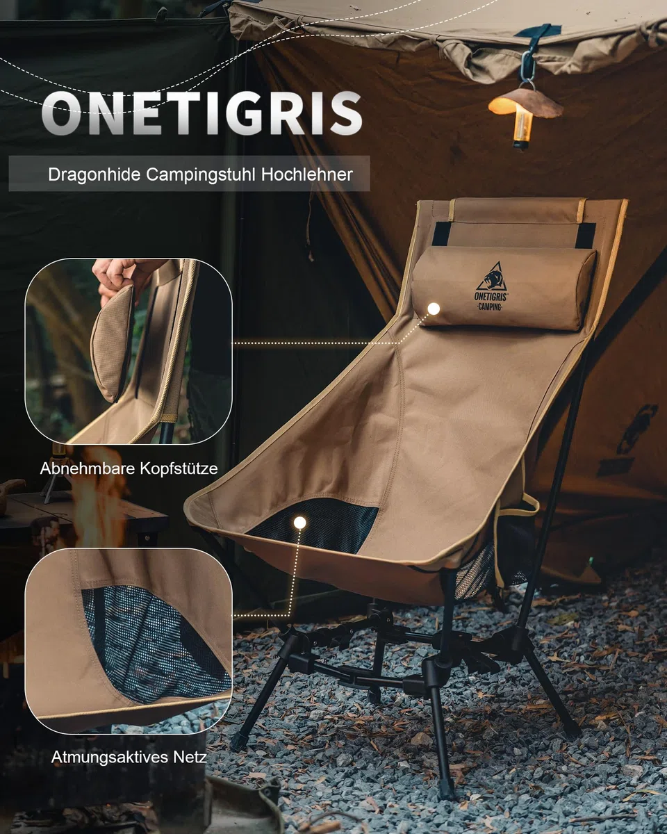 OneTigris DRAGONHIDE Campingstuhl Hochlehner faltbar 125 kg, Klappstuhl Camping leicht, Angelstuhl klappbar mit 2 Seitentaschen, Faltstuhl Ultraleicht für Outdoor, Wandern